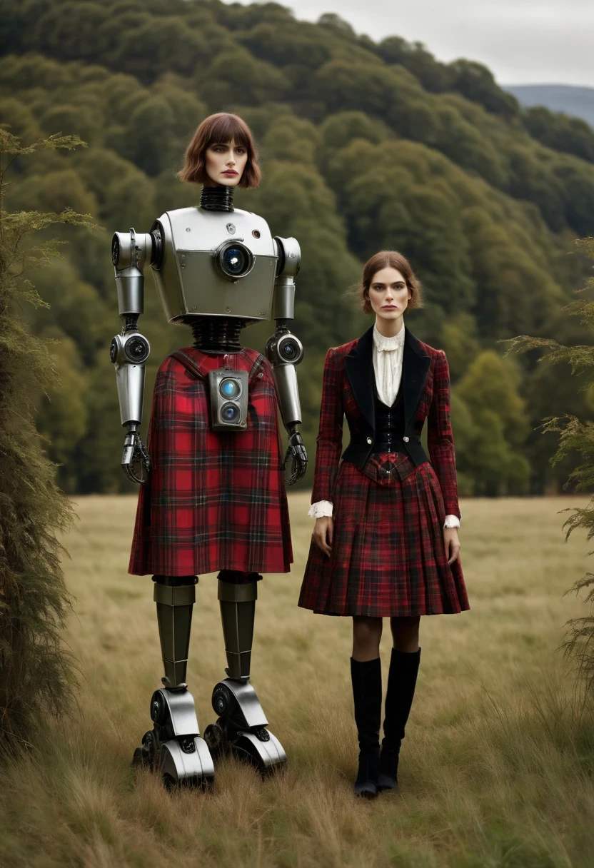 A woman stands next to a robot in the field, Italian version《Fashion》, tartan clothing, Cartoon, Scott Robertson, Two models in the framework, victorian era photos, two women, warrior  