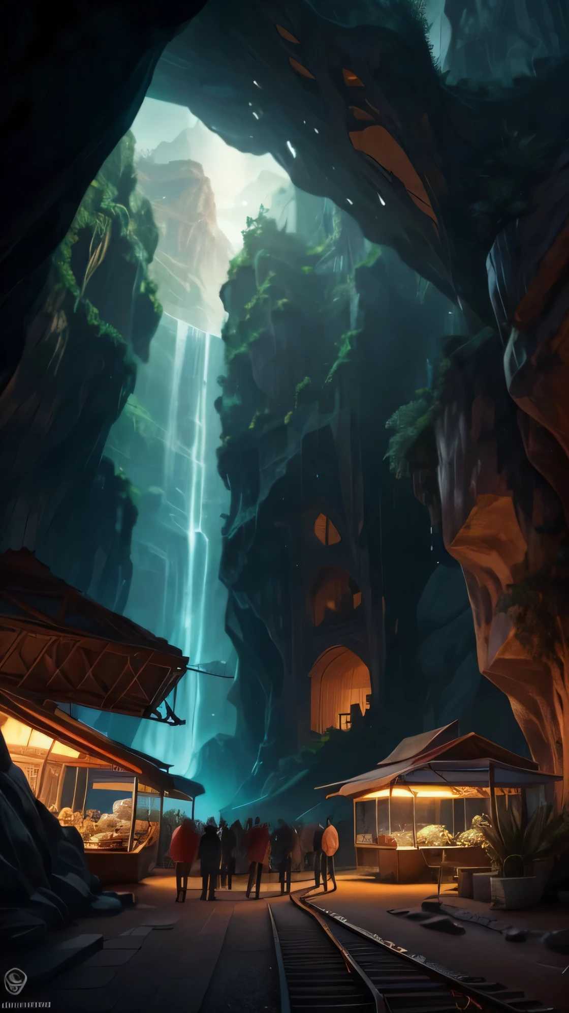 crowded street bazaar in cave city, lota of lamps and lightning. clothe stalls. (Ultra photo realsisim, Convoluted, Spectacular cinematic landscapeind Destroyer searches for the legendary Lost City, full body Esbian) (In the bustling port), (Convoluted, Many details, Amazing lighting, stunning environment), (Colorful, Ultra photo realsisim, High quality, Highly detailed, Sharp Focus, 8K UHD, Ultra-realistic realism), Market Person々Crowd of. futuristic sci-fi masterpiece, cybernetic residential beehive pod architecture designs carved inside of grand canyon caves , realistic ,intricate, detailed ,modern, neo cave centric design,rocks,waterfalls,rocky hot summer, desert, organic futurism, indigenous futurism,futuristic vision, architecture styles of Rem Koolhaas,Daniel Libeskind, Jean Nouvel, Paolo Soleri, upstairs, balconies, futuristic facades, trending on artstation, beautiful lighting,masterpiece, fantasy, intricate, award winning, 4k, highest quality render model:Real ((masterpiece)),((best quality)),((high detail)),((realistic,)) Futurist era city, architectural streets, bazaars, futuristic train lines, cyberpunk, buildings, night, neon