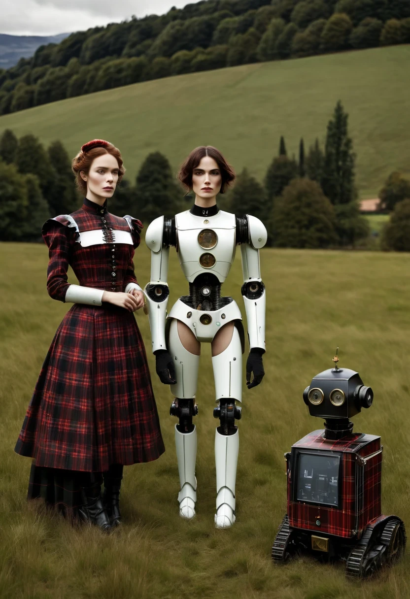 A woman stands next to a robot in the field, Italian version《Fashion》, tartan clothing, Cartoon, Scott Robertson, Two models in the framework, victorian era photos, two women, warrior  