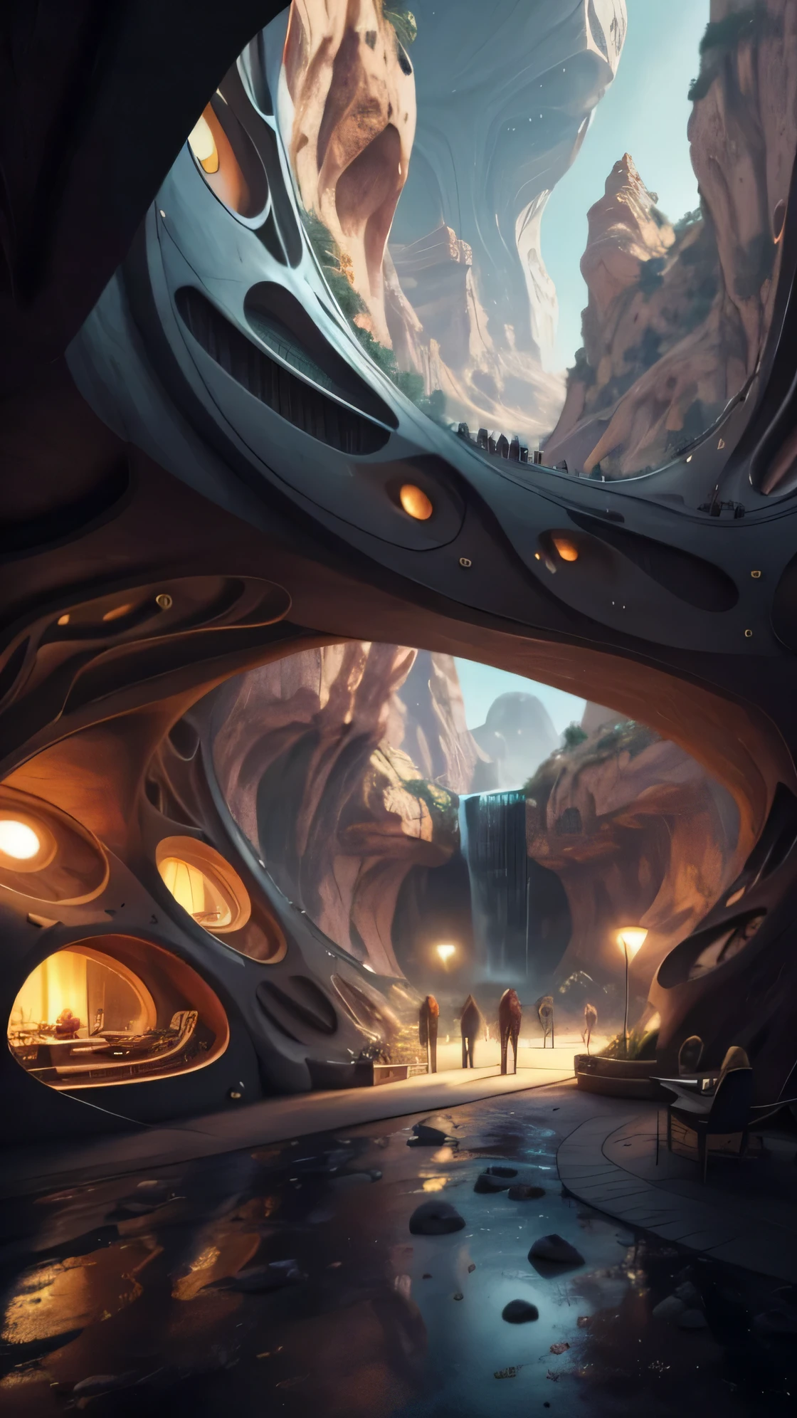 crowded street bazar in cave city, futuristic sci-fi masterpiece, cybernetic residential beehive pod architecture designs carved inside of grand canyon caves , realistic ,intricate, detailed ,modern, neo cave centric design,rocks,waterfalls,desert caves, organic futurism, indigenous futurism,futuristic vision, architecture styles of Rem Koolhaas,Daniel Libeskind, Jean Nouvel, Paolo Soleri, upstairs, balconies, futuristic facades, trending on artstation, beautiful lighting,masterpiece, fantasy, intricate, award winning, 4k, highest quality render model:Real , heart shaped architecture ((masterpiece)),((best quality)),((high detail)),((realistic,)) Futurist era city, architectural streets, bazaars, cyberpunk, buildings, night, rainy, neon, summer, hot desert