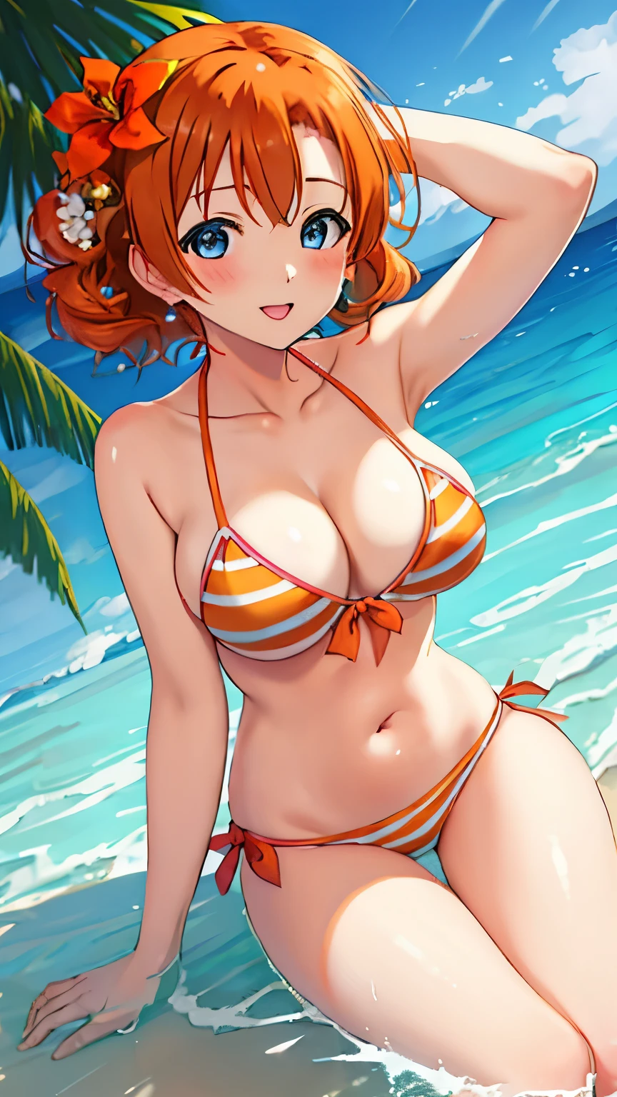 best quality, masterpiece, highres, solo, kousaka_honoka_lovelive, blue_eyes, orange_hair, one_side_up, blush, short_hair, bow, hair_bow, hair_ornament, 1girl, bangs, flower, hair_flower, looking_at_viewer, hair_between_eyes, shiny_hair, bikini, beach