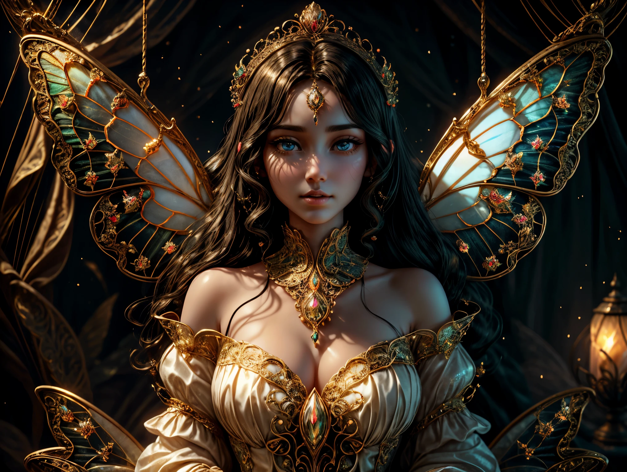 This is、It's a masterpiece of realistic fantasy with lots of sparkles, Glitter, and intricate ornate details. Produces one woman with a beautiful delicate crown sitting on a garden swing at night. She is a beautiful and seductive butterfly queen with stunning curly black hair, (((Incredibly realistic and detailed dynamic eyes in bright colors with realistic shading))). Her skin is translucent white, Her eyes are shining, And her dress is elegant. Her dress is spun with delicate and finest gossamer silk, Convoluted, Delicate floral details and gold silk butterfly sleeves. Her face is lovely and lonely. Include flowers that glow in the dark, Lots of particles, Highly realistic fantasy butte fly with translucent gem-colored wings and fine details, And shine. Artwork done in the style of Guviz、Trending fantasy titles from Artstation and Midjourney、Reminds of the masters of this genre. camera: Using dynamic composition techniques、Emphasizes ethereal delicacy and delicate details.