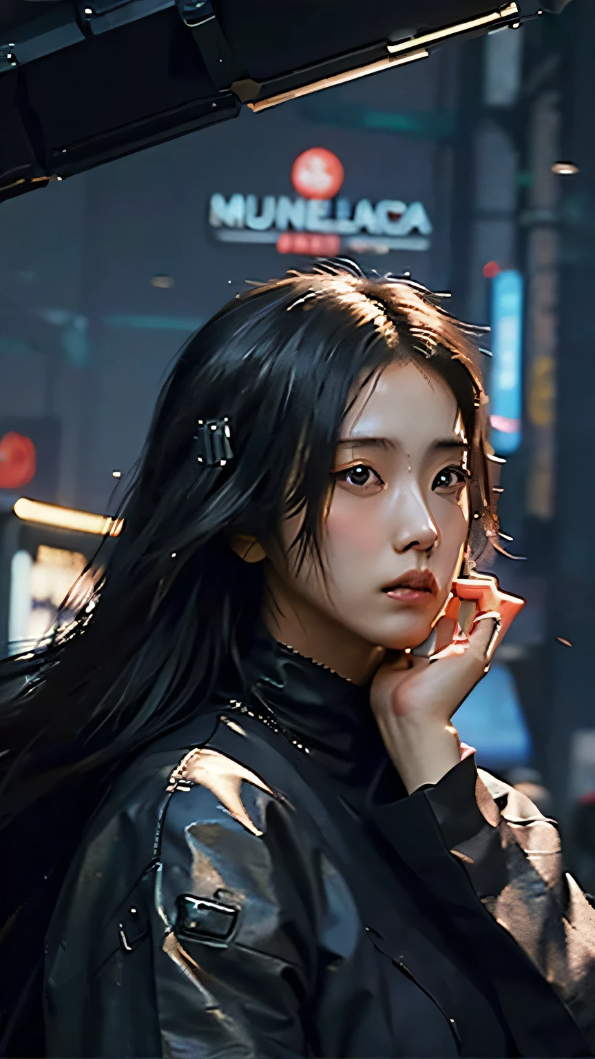 ((Best quality)), ((masterpiece)), (highly detailed:1.3), 3D, beautiful (cyberpunk:1.3) samurai woman with long black hair, black clothes looking at camera, war, dinamic pose, dinamic style