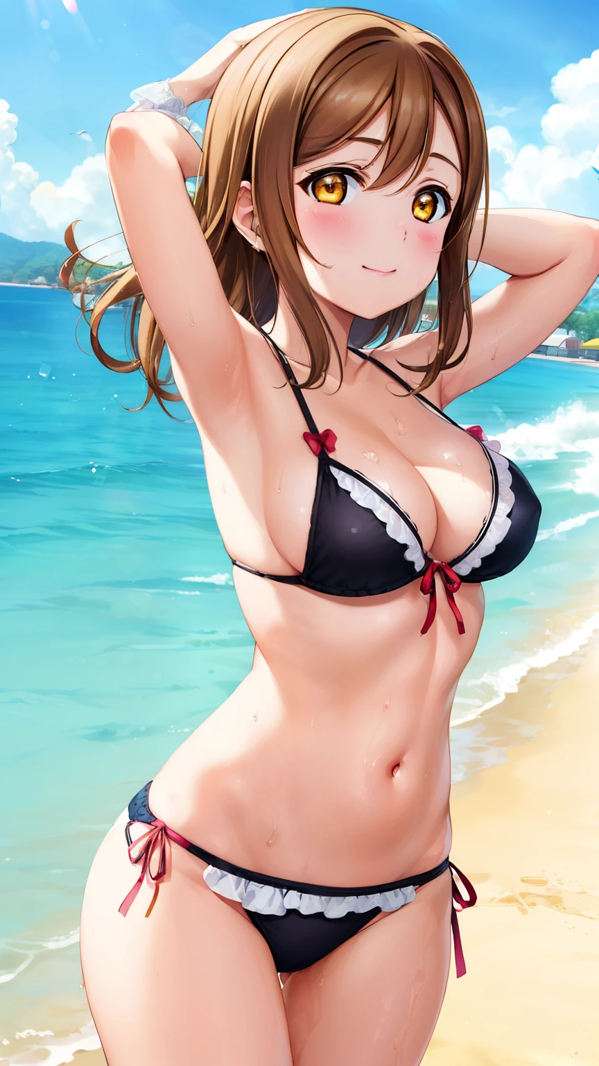 1girl, kunikida hanamaru, brown hair, yellow eyes, blush, messy hair, masterpiece, high quality, detailed body, detailed face, swimsuit, beach