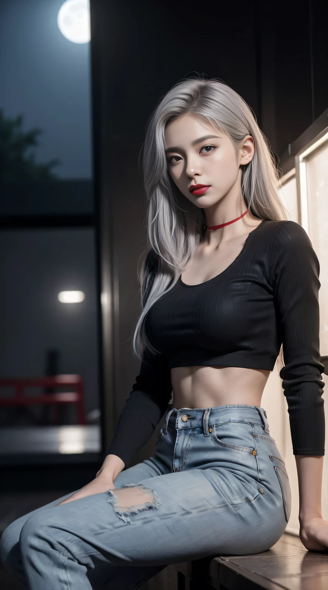 sfw, (Sci-fi fantasy), (Masterpiece), (professional oil painting) (best quality), (8k resolution), (1 beautiful girl), ((pale gray skin)), (iron gray skin), small head, ((jeans clothes)),(red jacket)), ((black t-shirt underneath), ((red lipstick)), ((black sneakers)), (comcept art), , (long hair), (messy hair), (white hair), (iron gray hair), ((with futuristic weapon)), (ammunition), ((moonlight of the night)), (sitting thinking)), wearing bra,((skinny waist)), young asian girl, ((big breasted)),