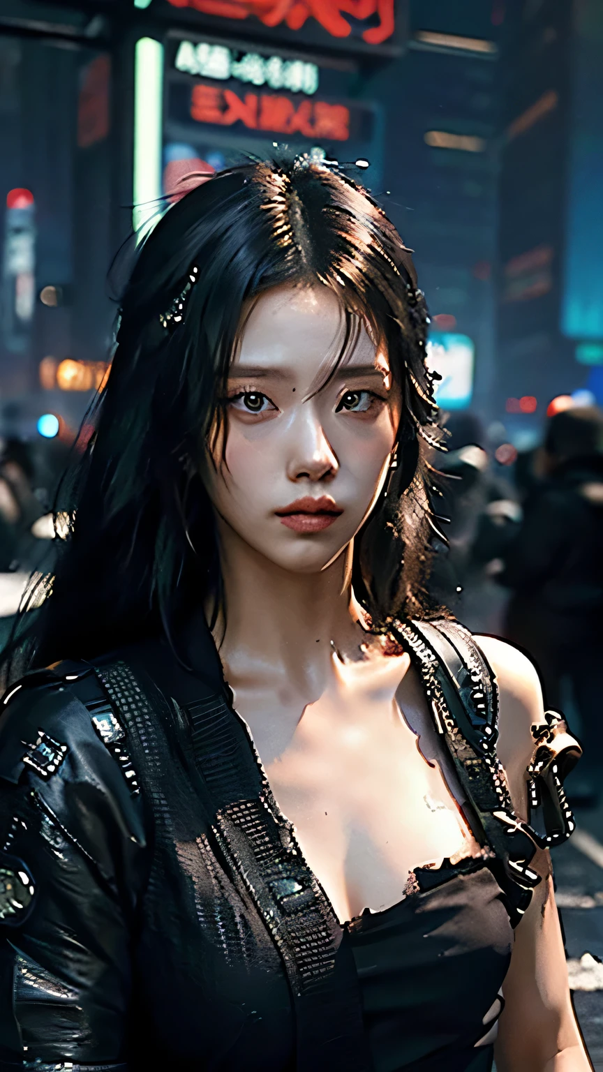((Best quality)), ((masterpiece)), (highly detailed:1.3), 3D, beautiful (cyberpunk:1.3) samurai woman with long black hair, black clothes looking at camera, war, dinamic pose, dinamic style