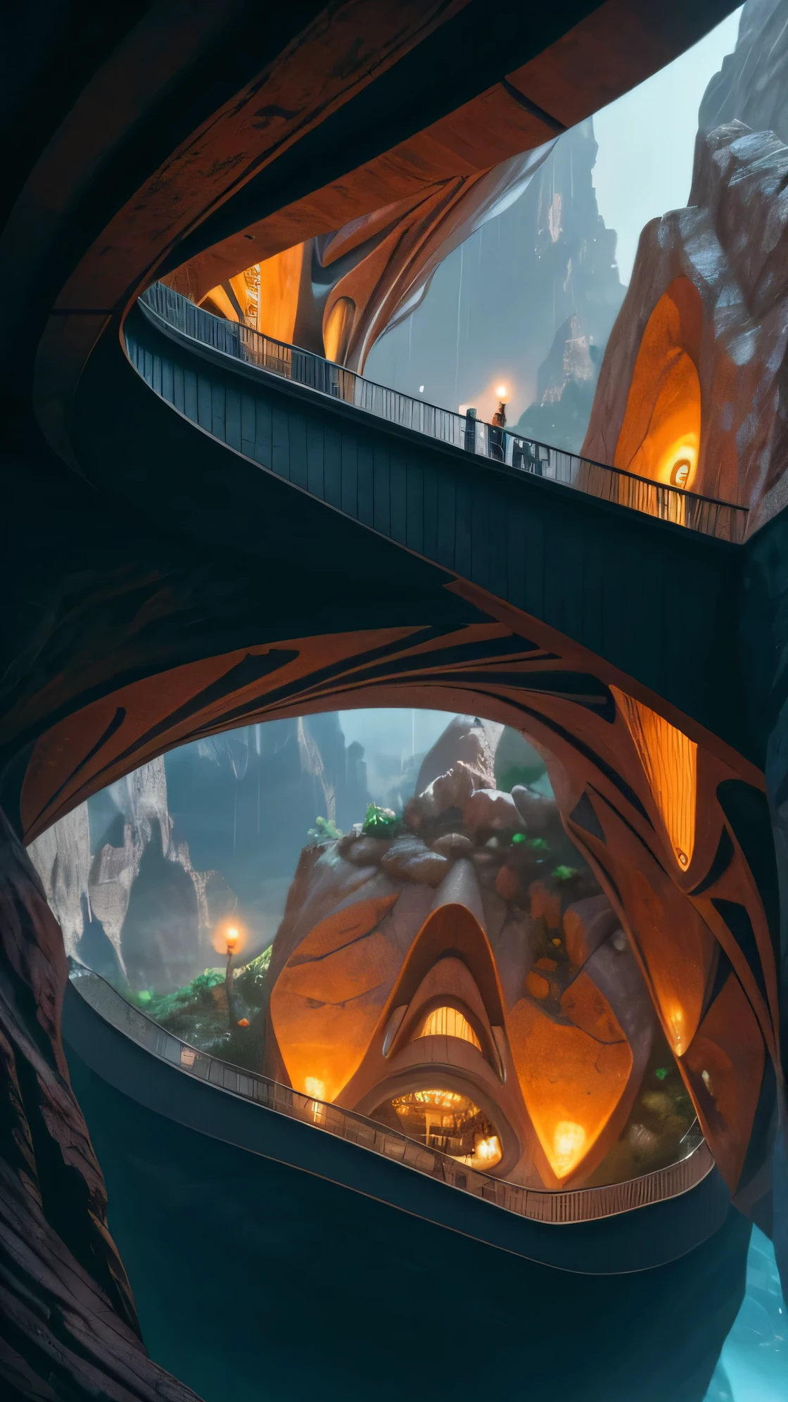 futuristic sci-fi masterpiece, cybernetic residential beehive pod architecture designs carved inside of grand canyon caves , realistic ,intricate, detailed ,modern, neo cave centric design,rocks,waterfalls,vegetation, organic futurism, indigenous futurism,futuristic vision, architecture styles of Rem Koolhaas,Daniel Libeskind, Jean Nouvel, Paolo Soleri, upstairs, balconies, futuristic facades, trending on artstation, beautiful lighting,masterpiece, fantasy, intricate, award winning, 4k, highest quality render model:Real , heart shaped architecture ((masterpiece)),((best quality)),((high detail)),((realistic,)) Futurist era city, architectural streets, bazaars, cyberpunk, buildings, night, rainy, neon