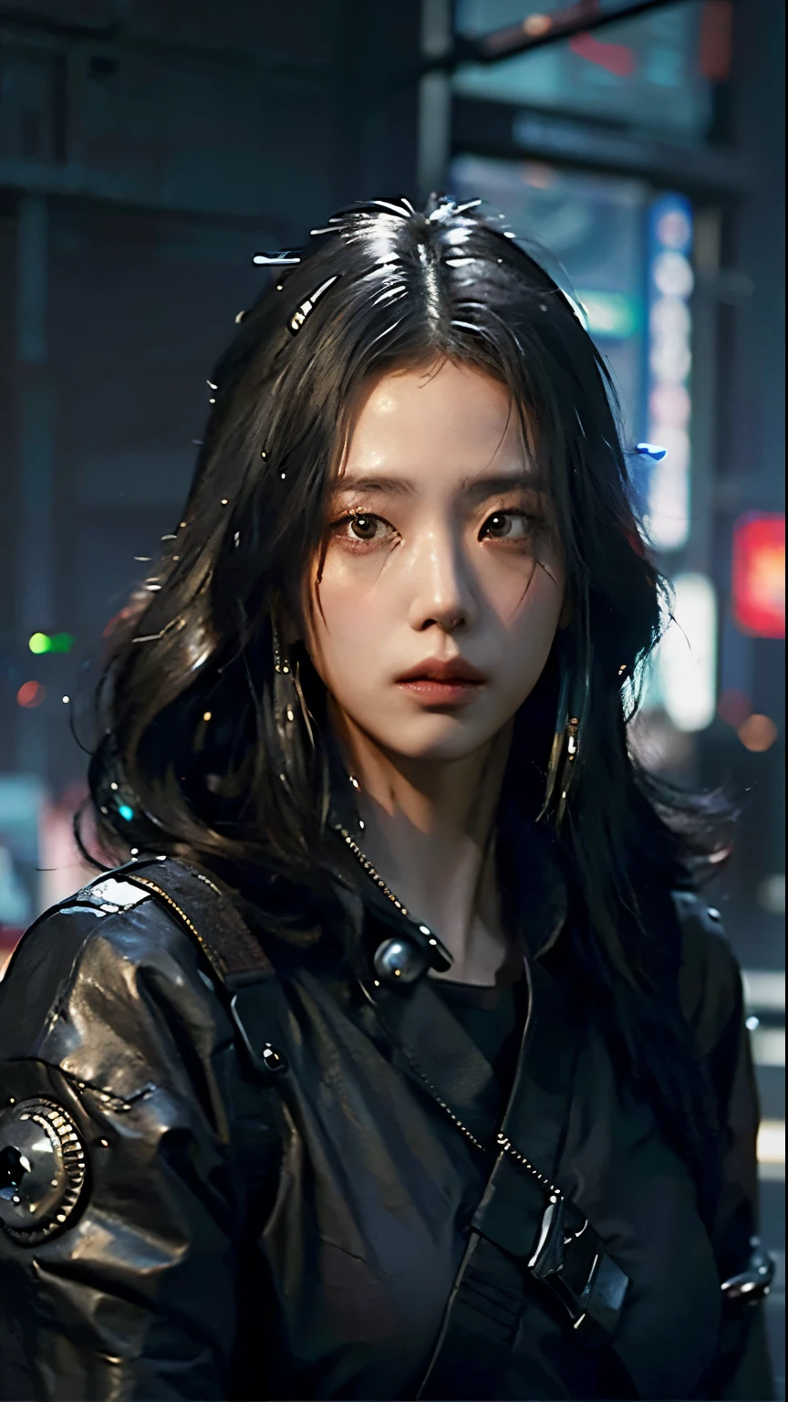 ((Best quality)), ((masterpiece)), (highly detailed:1.3), 3D, beautiful (cyberpunk:1.3) samurai woman with long black hair, black clothes looking at camera, war, dinamic pose, dinamic style