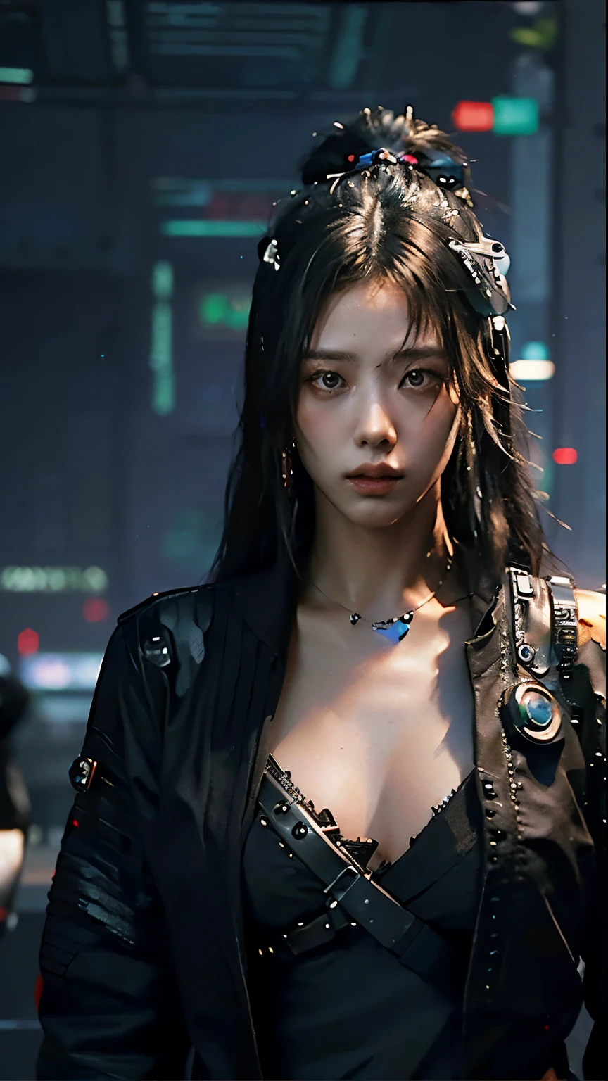 ((Best quality)), ((masterpiece)), (highly detailed:1.3), 3D, beautiful (cyberpunk:1.3) samurai woman with long black hair, black clothes looking at camera, war, dinamic pose, dinamic style