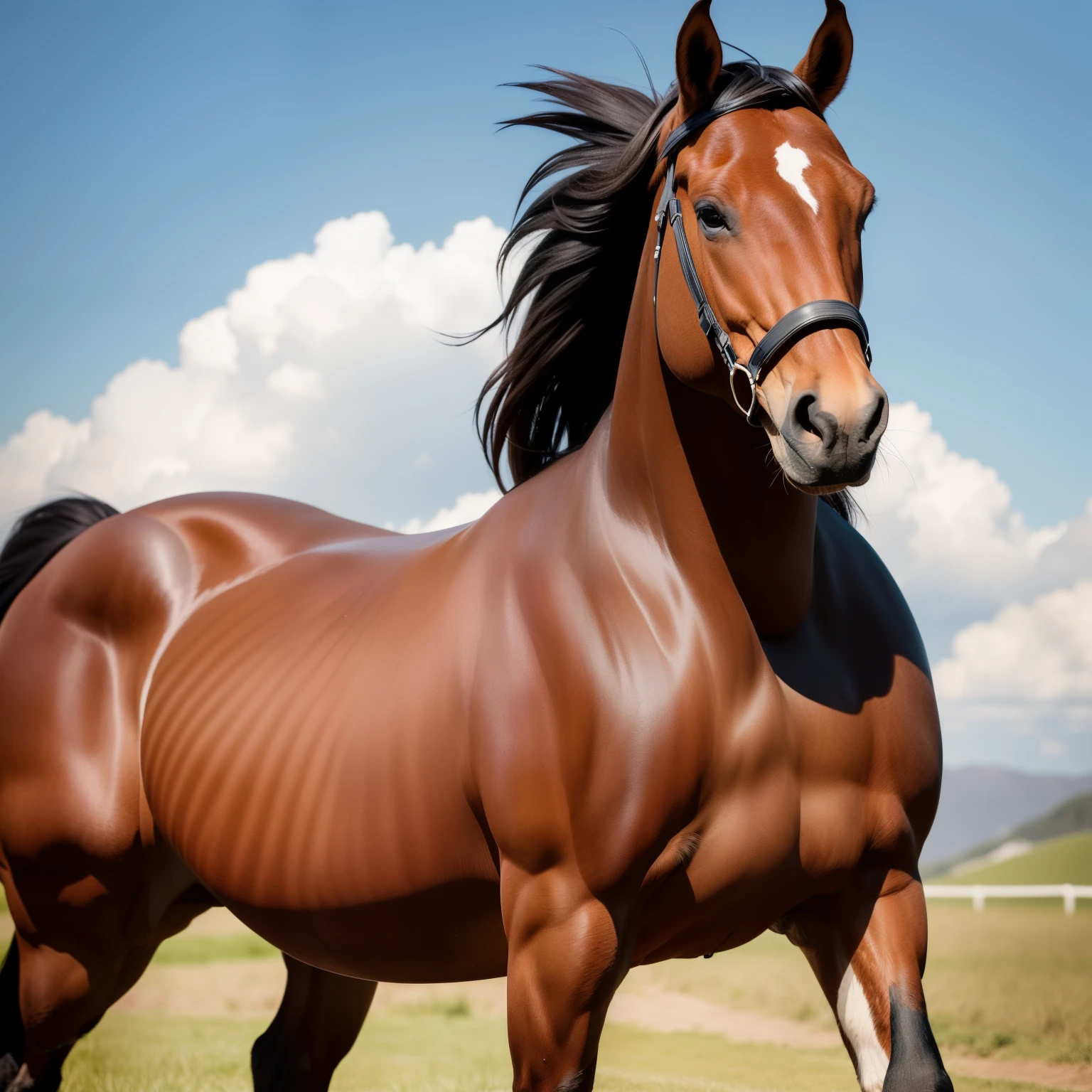 A horse with a well-defined body stands proudly against a solid background. Its muscular form is intricately detailed, each muscle group clearly defined. The horse wears a contented smile, its teeth showing just enough to hint at its strength. The details of its body are exquisitely rendered, every curve and line captured with utmost precision. (masterpiece), (ultra high resolution), (extremely intricate), (perfectly detailed), horse, well-defined body, detailed muscle structure, happy smile, strong jawline.