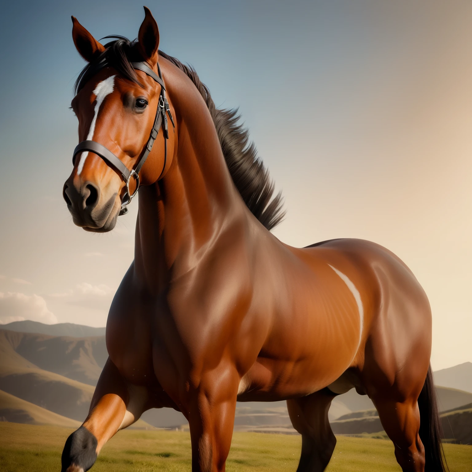 A horse with a well-defined body stands proudly against a solid background. Its muscular form is intricately detailed, each muscle group clearly defined. The horse wears a contented smile, its teeth showing just enough to hint at its strength. The details of its body are exquisitely rendered, every curve and line captured with utmost precision. (masterpiece), (ultra high resolution), (extremely intricate), (perfectly detailed), horse, well-defined body, detailed muscle structure, happy smile, strong jawline.