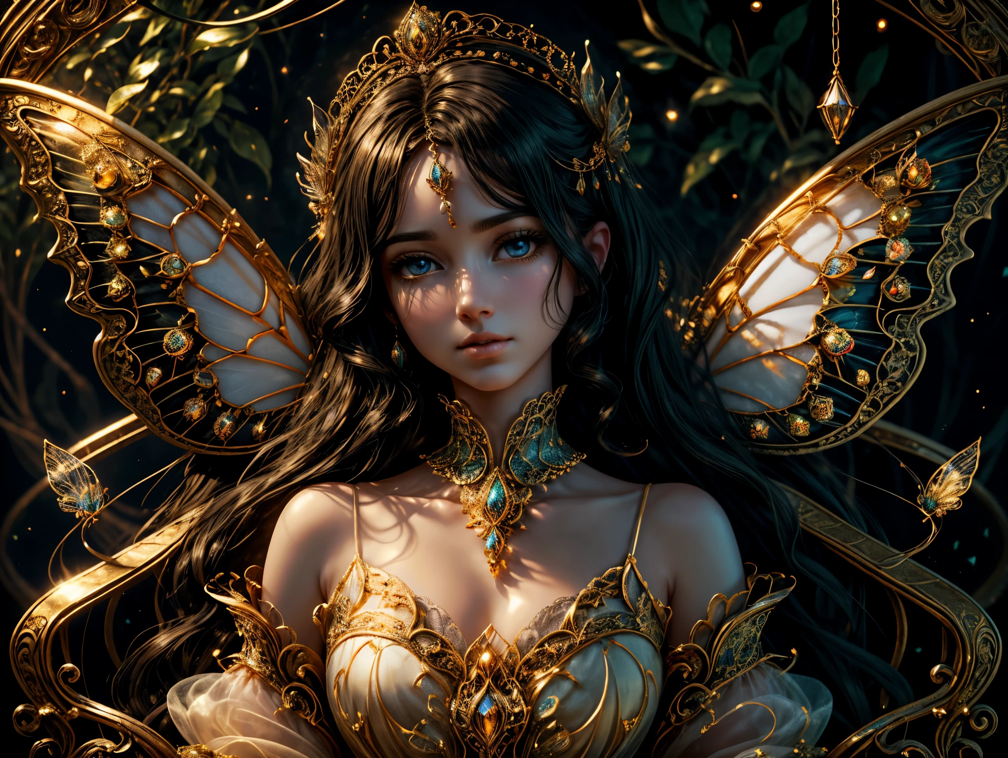 This is、It's a masterpiece of realistic fantasy with lots of sparkles, Glitter, and intricate ornate details. Produces one woman with a beautiful delicate crown sitting on a garden swing at night. She is a beautiful and seductive butterfly queen with stunning curly black hair, (((Incredibly realistic and detailed dynamic eyes in bright colors with realistic shading))). Her skin is translucent white, Her eyes are shining, And her dress is elegant. Her dress is spun with delicate and finest gossamer silk, Convoluted, Delicate floral details and gold silk butterfly sleeves. Her face is lovely and lonely. Include flowers that glow in the dark, Lots of particles, Highly realistic fantasy butte fly with translucent gem-colored wings and fine details, And shine. Artwork done in the style of Guviz、Trending fantasy titles from Artstation and Midjourney、Reminds of the masters of this genre. camera: Using dynamic composition techniques、Emphasizes ethereal delicacy and delicate details.