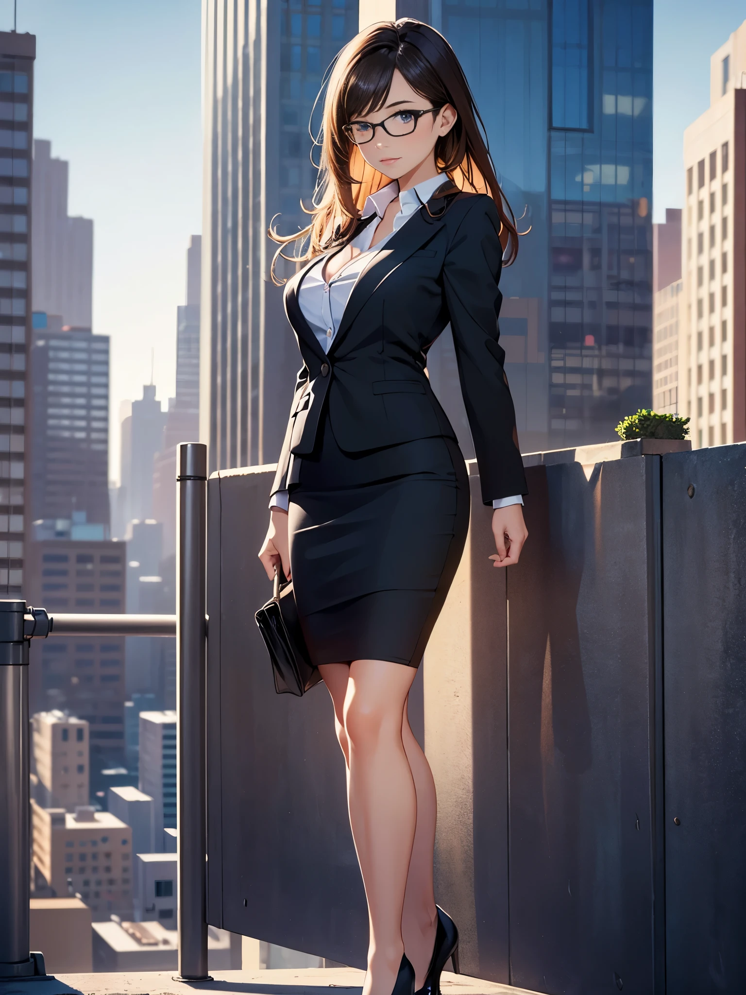 masterpiece, best quality, 1girl, medium breasts, office lady, suit, pencil skirt, miniskirt, bare legs, shoes, city backdrop, solo, single, standing, full body shot, cowboy shot, beautiful detailed eyes, glasses, (full body shot, cowboy shot), medium hair