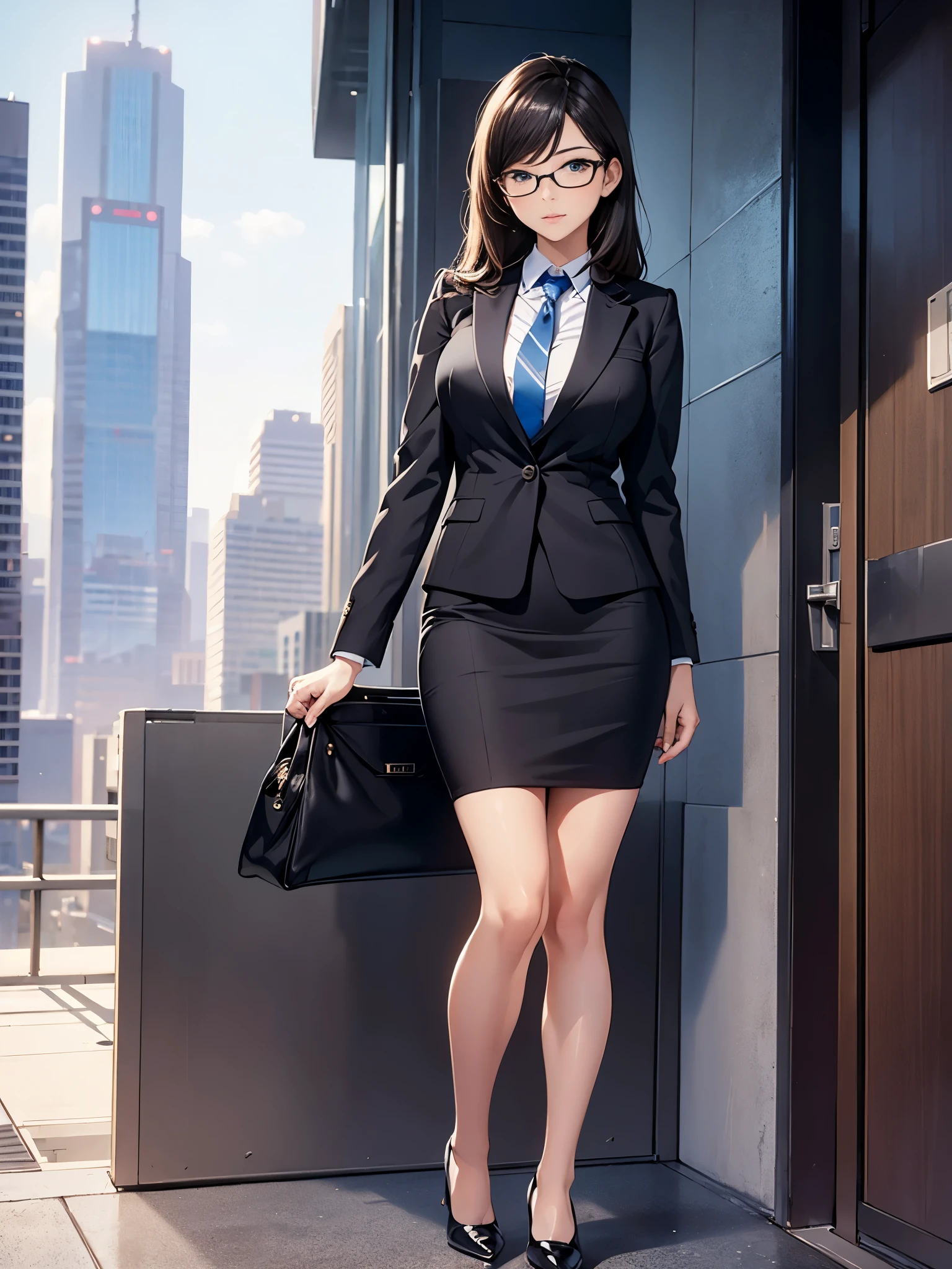 masterpiece, best quality, 1girl, medium breasts, office lady, suit, pencil skirt, miniskirt, bare legs, shoes, city backdrop, solo, single, standing, full body shot, cowboy shot, beautiful detailed eyes, glasses, (full body shot, cowboy shot), medium hair