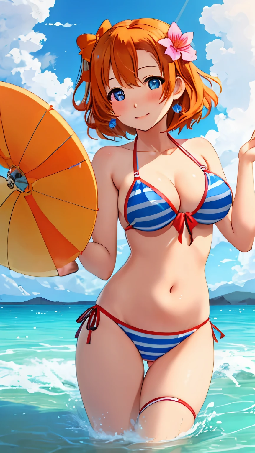 best quality, masterpiece, highres, solo, kousaka_honoka_lovelive, blue_eyes, orange_hair, one_side_up, blush, short_hair, bow, hair_bow, hair_ornament, 1girl, bangs, flower, hair_flower, looking_at_viewer, hair_between_eyes, shiny_hair, bikini, beach