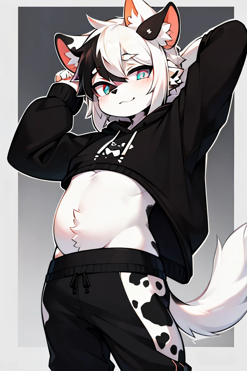 cow cat,hairy,furry,Black sweatshirt with colorful pattern,black casual pants,Cartoon style,Q version,Eye,black pupils,White hair on paws,White hair on belly,Black hair on ears, white hair on ear tips,black hair on back,Black tail with white tip,standing,act cool,Akimbo,