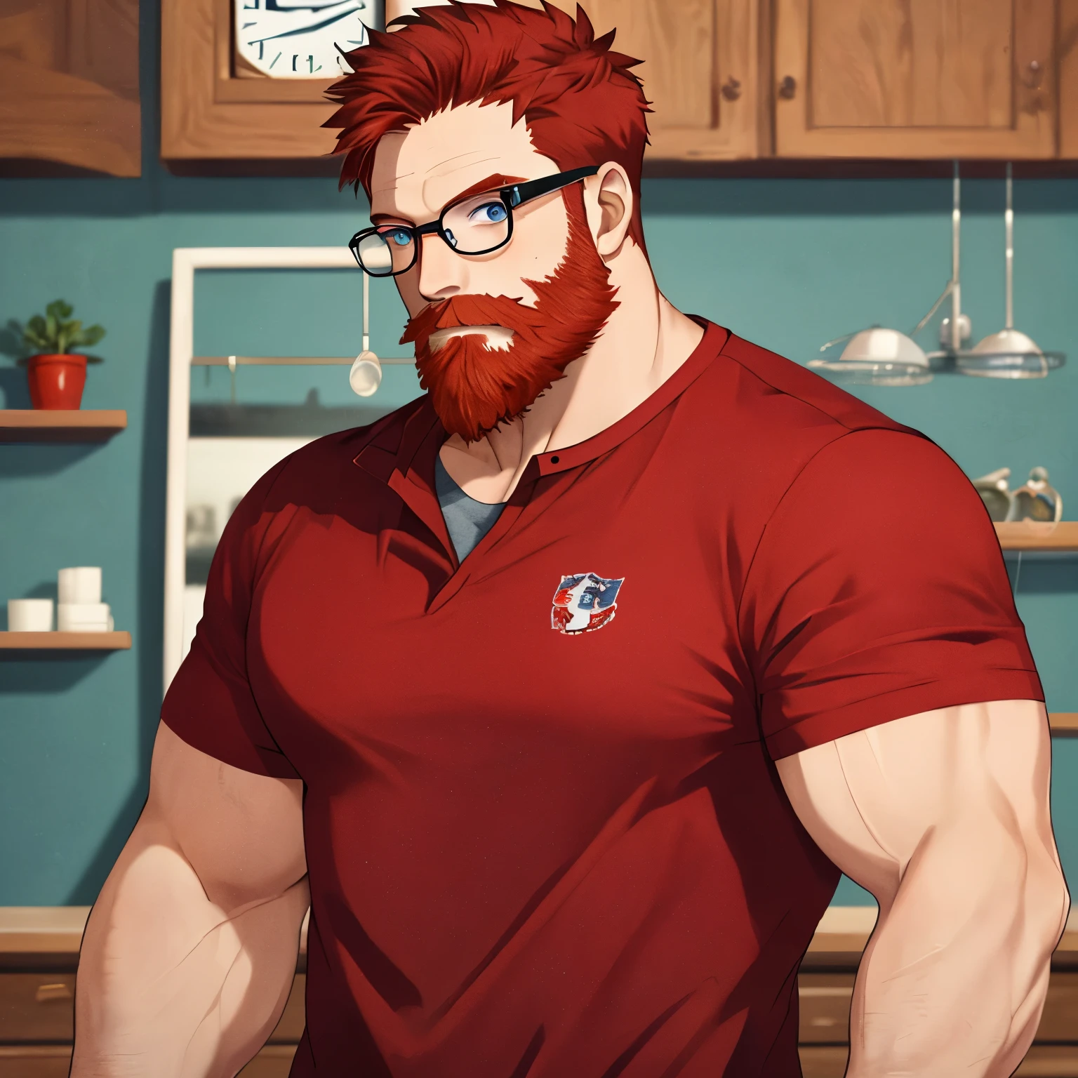 Masterpiece, Best Quality, Ultra-Detailed, 1man, muscular, strong, hunk, jock, red hair, red beard, blue eyes, glasses, red shirt, black clock, looking at the viewer