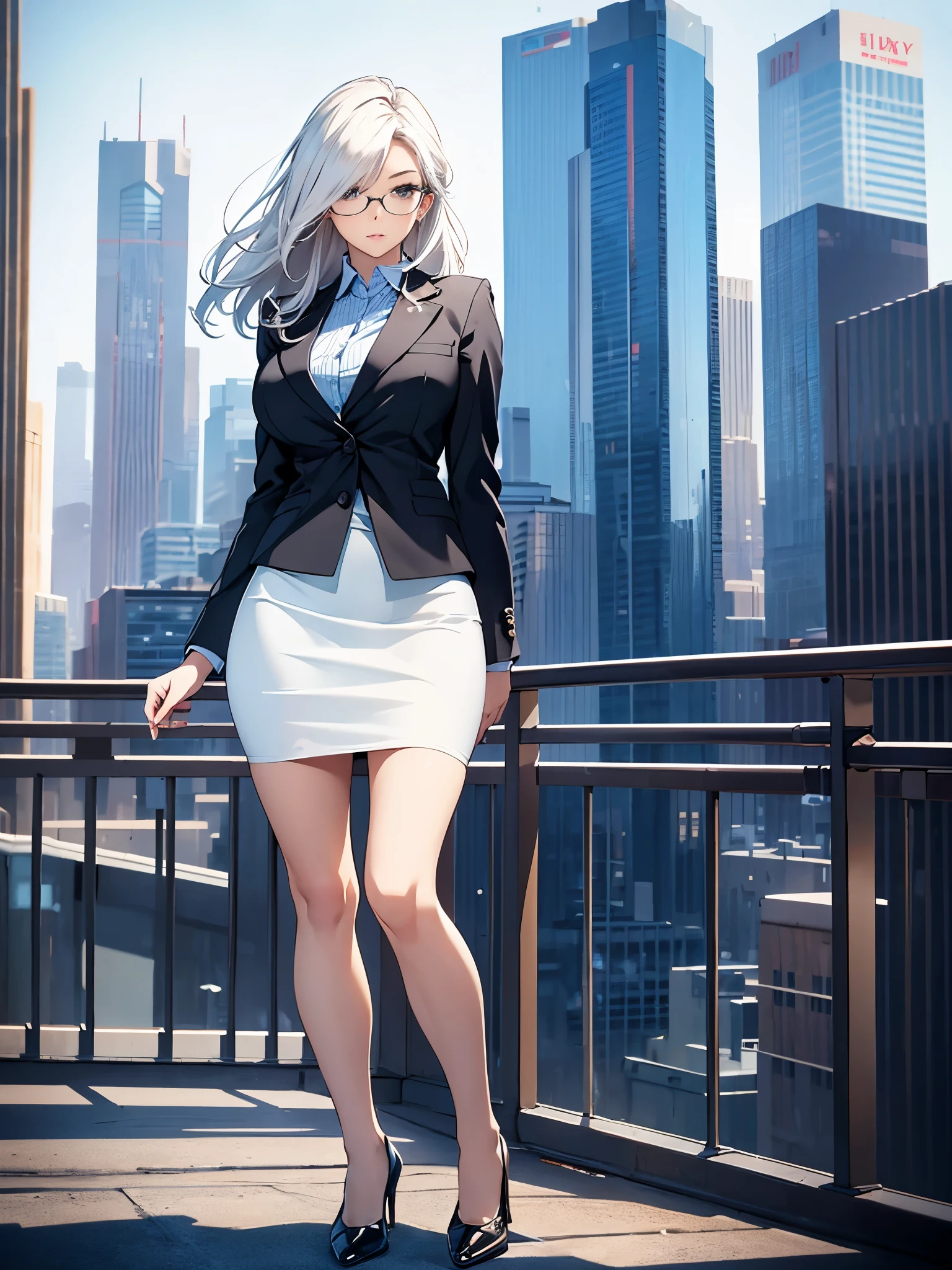 masterpiece, best quality, 1girl, medium breasts, office lady, suit, pencil skirt, miniskirt, bare legs, shoes, city backdrop, solo, single, standing, full body shot, cowboy shot, beautiful detailed eyes, glasses, (full body shot, cowboy shot), medium hair, white hair