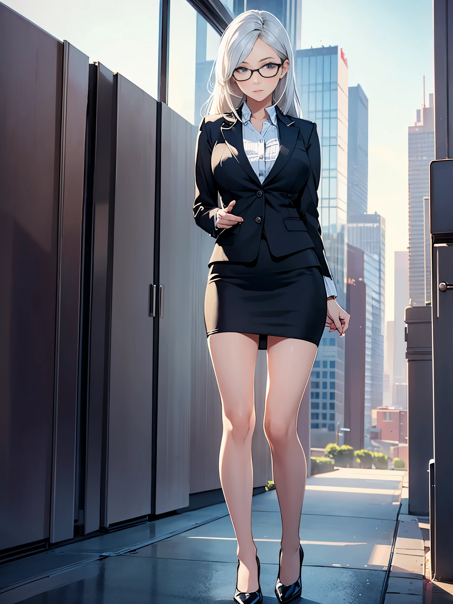 masterpiece, best quality, 1girl, medium breasts, office lady, suit, pencil skirt, miniskirt, bare legs, shoes, city backdrop, solo, single, standing, full body shot, cowboy shot, beautiful detailed eyes, glasses, (full body shot, cowboy shot), medium hair, white hair