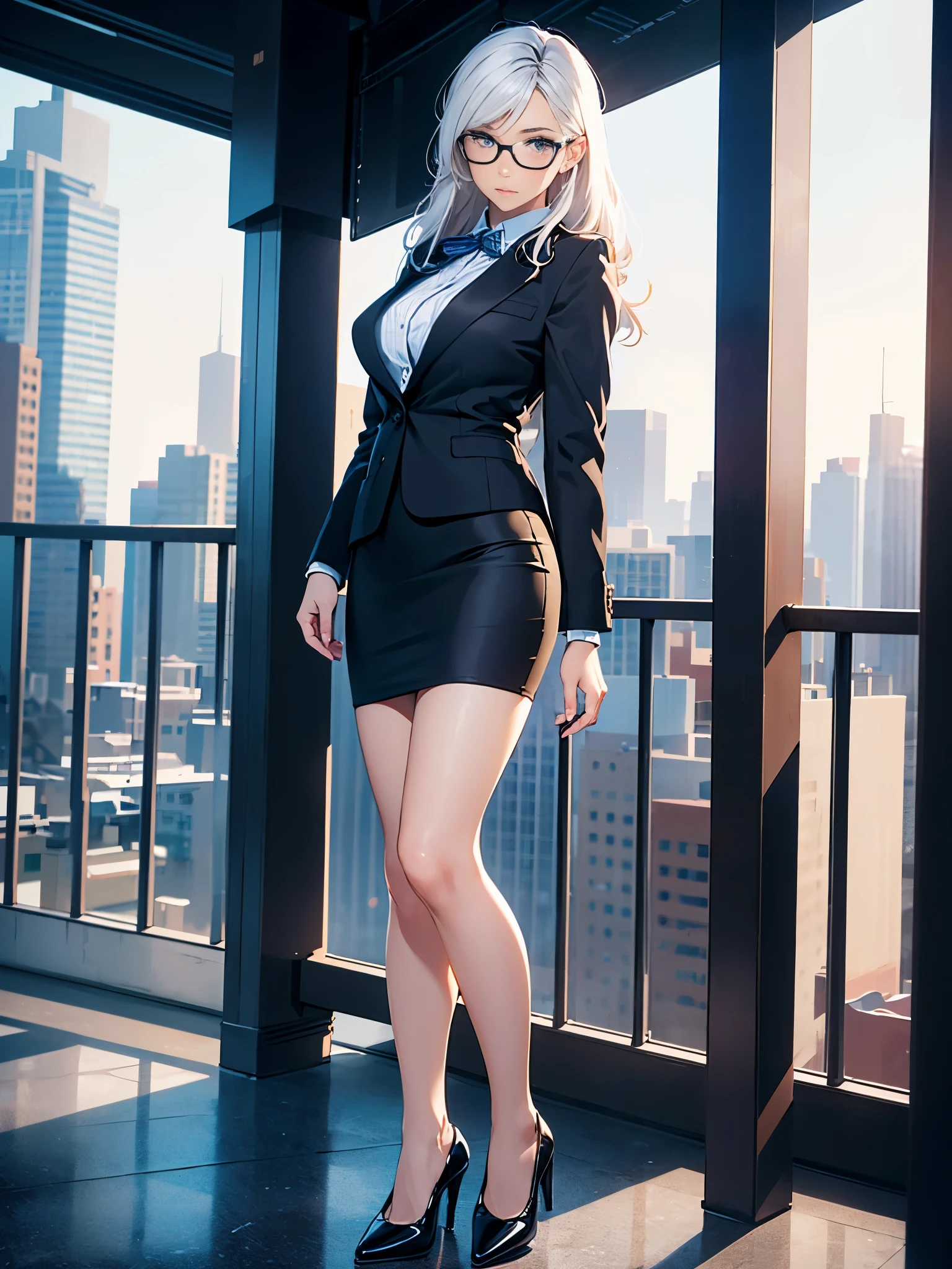 masterpiece, best quality, 1girl, medium breasts, office lady, suit, pencil skirt, miniskirt, bare legs, shoes, city backdrop, solo, single, standing, full body shot, cowboy shot, beautiful detailed eyes, glasses, (full body shot, cowboy shot), medium hair, white hair