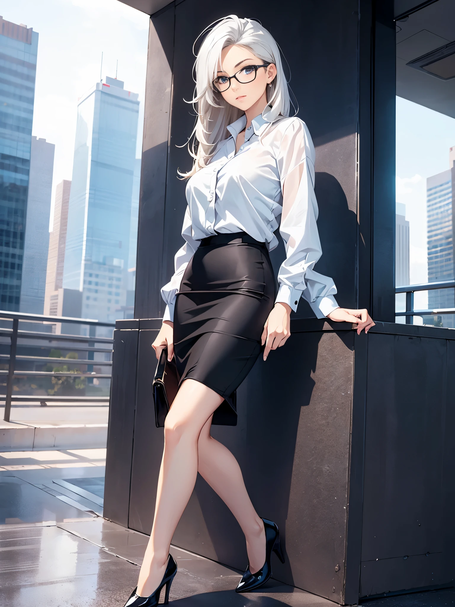 masterpiece, best quality, 1girl, medium breasts, office lady, suit, pencil skirt, miniskirt, bare legs, shoes, city backdrop, solo, single, standing, full body shot, cowboy shot, beautiful detailed eyes, glasses, (full body shot, cowboy shot), medium hair, white hair