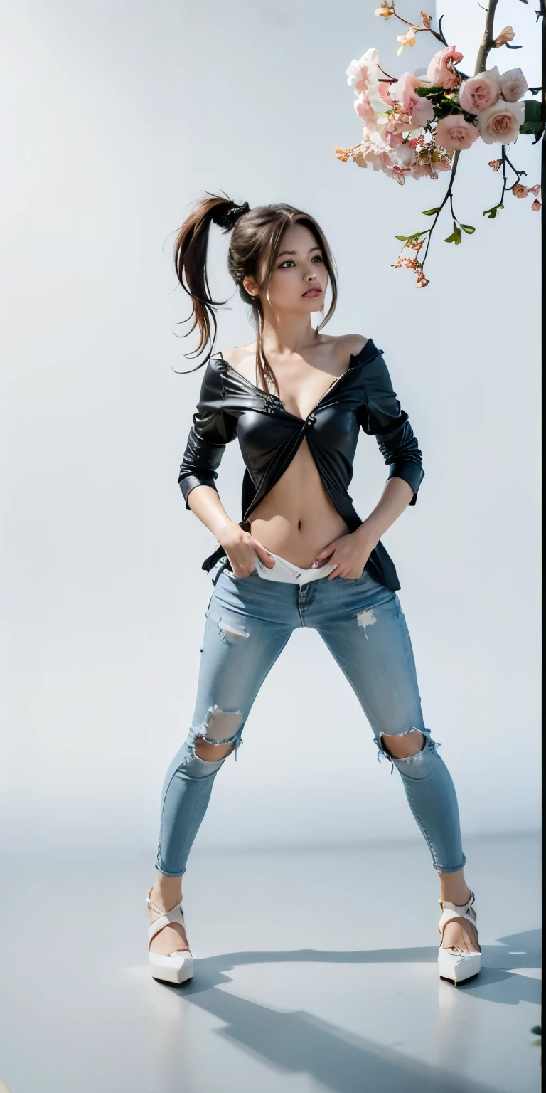 Correcting mistakes, beautiful face, details, complex and many, the picture is more realistic, a masterpiece, adding 2 chest bumps, correcting the nose, beautiful nose, nipple bumps, tight clothes, more torn pants,