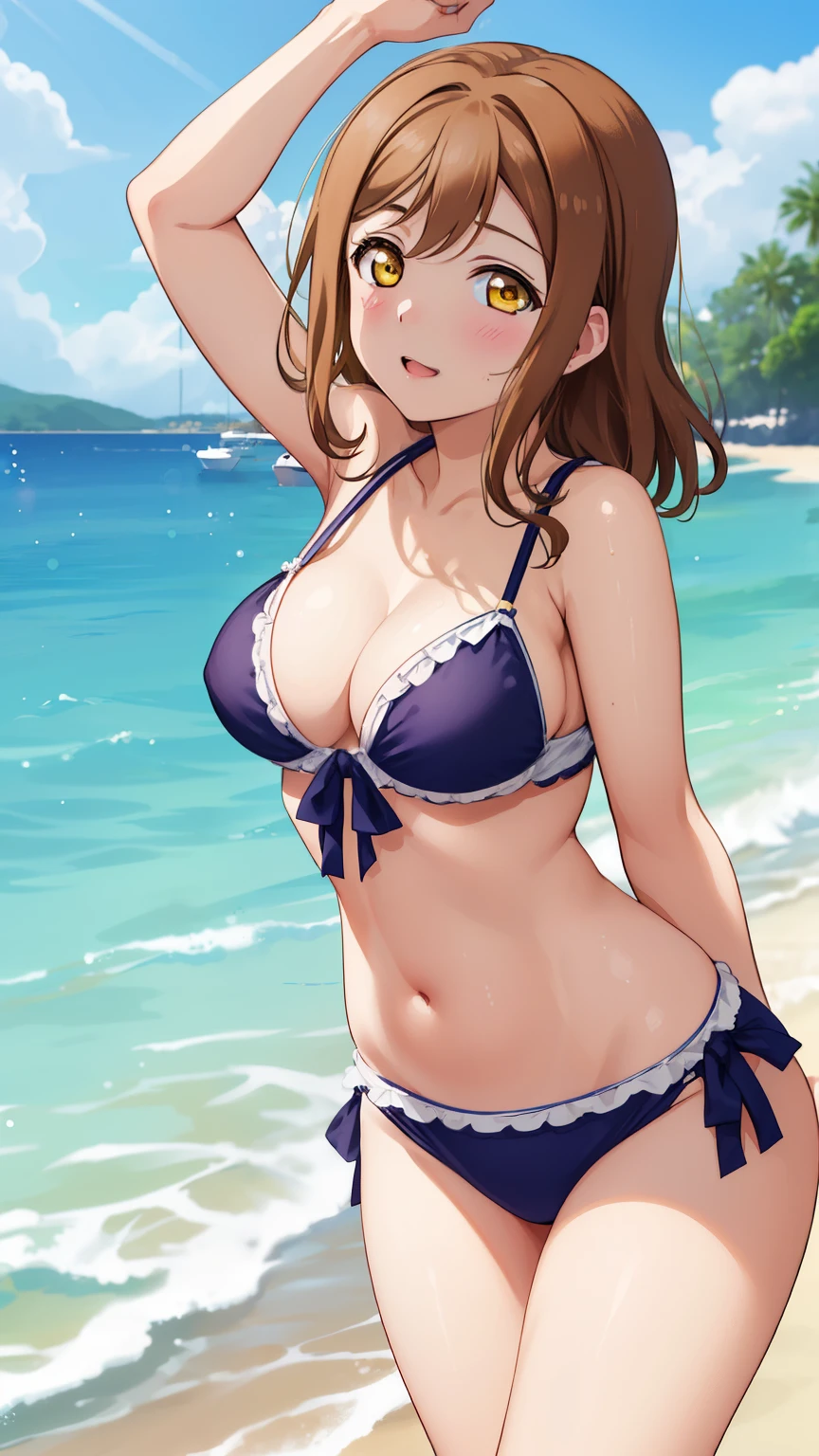 1girl, kunikida hanamaru, brown hair, yellow eyes, blush, messy hair, masterpiece, high quality, detailed body, detailed face, swimsuit, beach