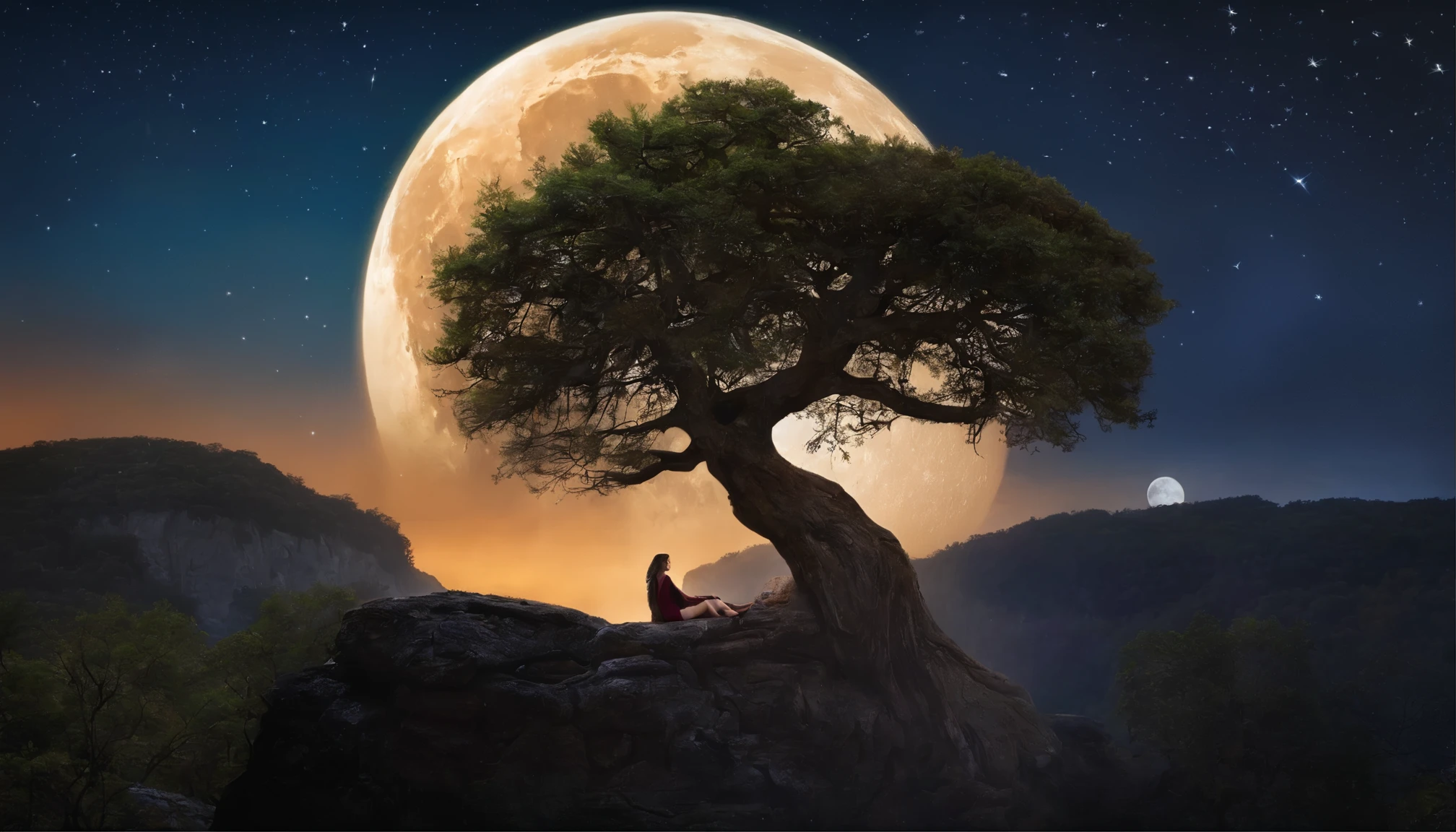 mount cliff, masterpiece, old tree, sitting on a tree branch, 1girl, moon, stars, night