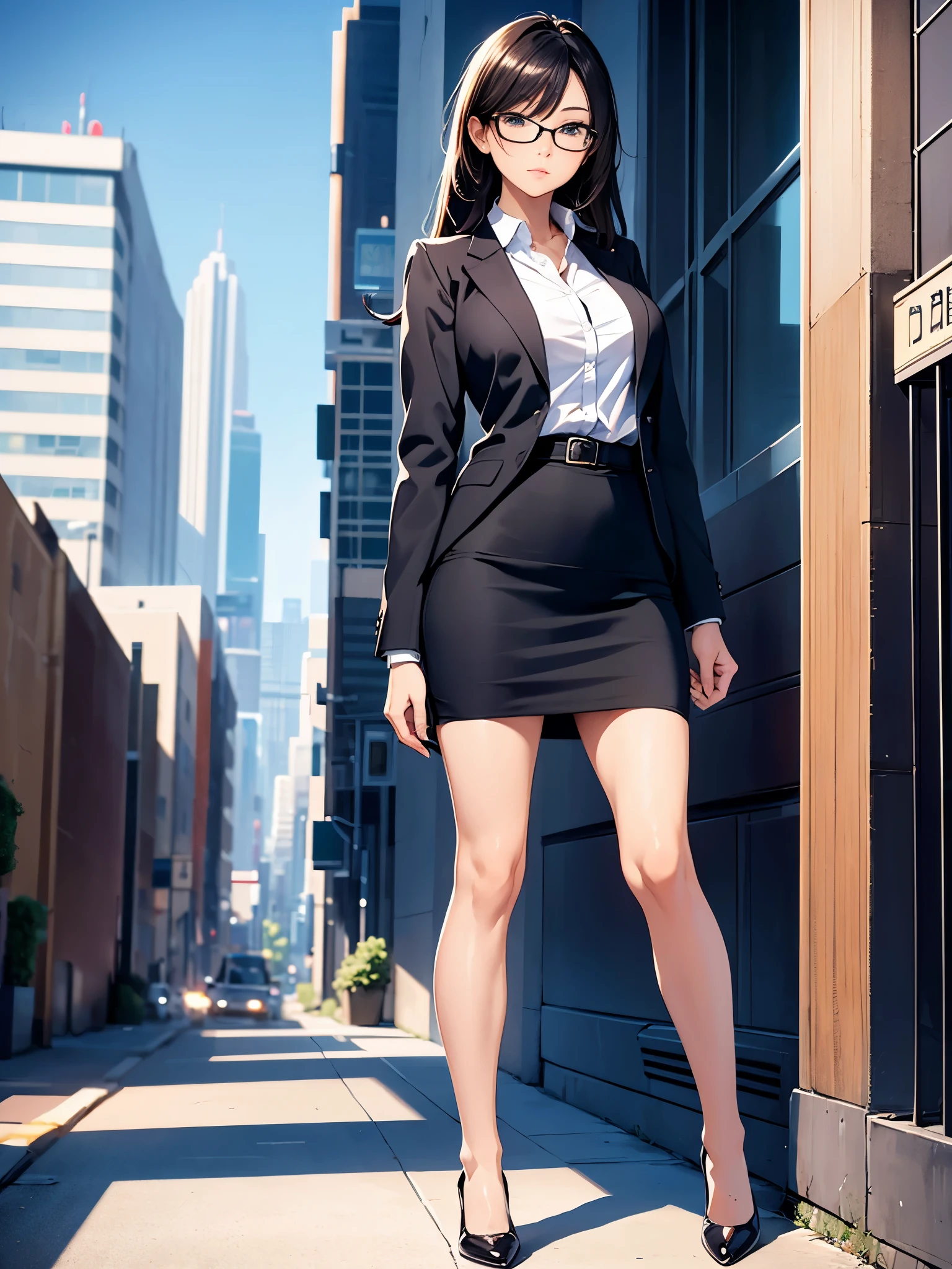 masterpiece, best quality, 1girl, medium breasts, office lady, suit, pencil skirt, miniskirt, bare legs, shoes, city backdrop, solo, single, standing, full body shot, cowboy shot, beautiful detailed eyes, glasses, (full body shot, cowboy shot), medium hair