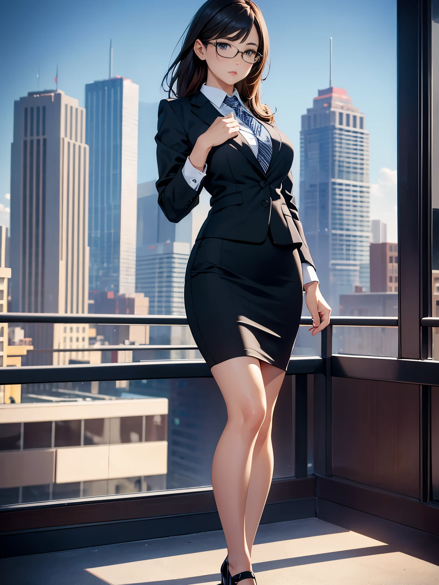 masterpiece, best quality, 1girl, medium breasts, office lady, suit, pencil skirt, miniskirt, bare legs, shoes, city backdrop, solo, single, standing, full body shot, cowboy shot, beautiful detailed eyes, glasses, (full body shot, cowboy shot), medium hair