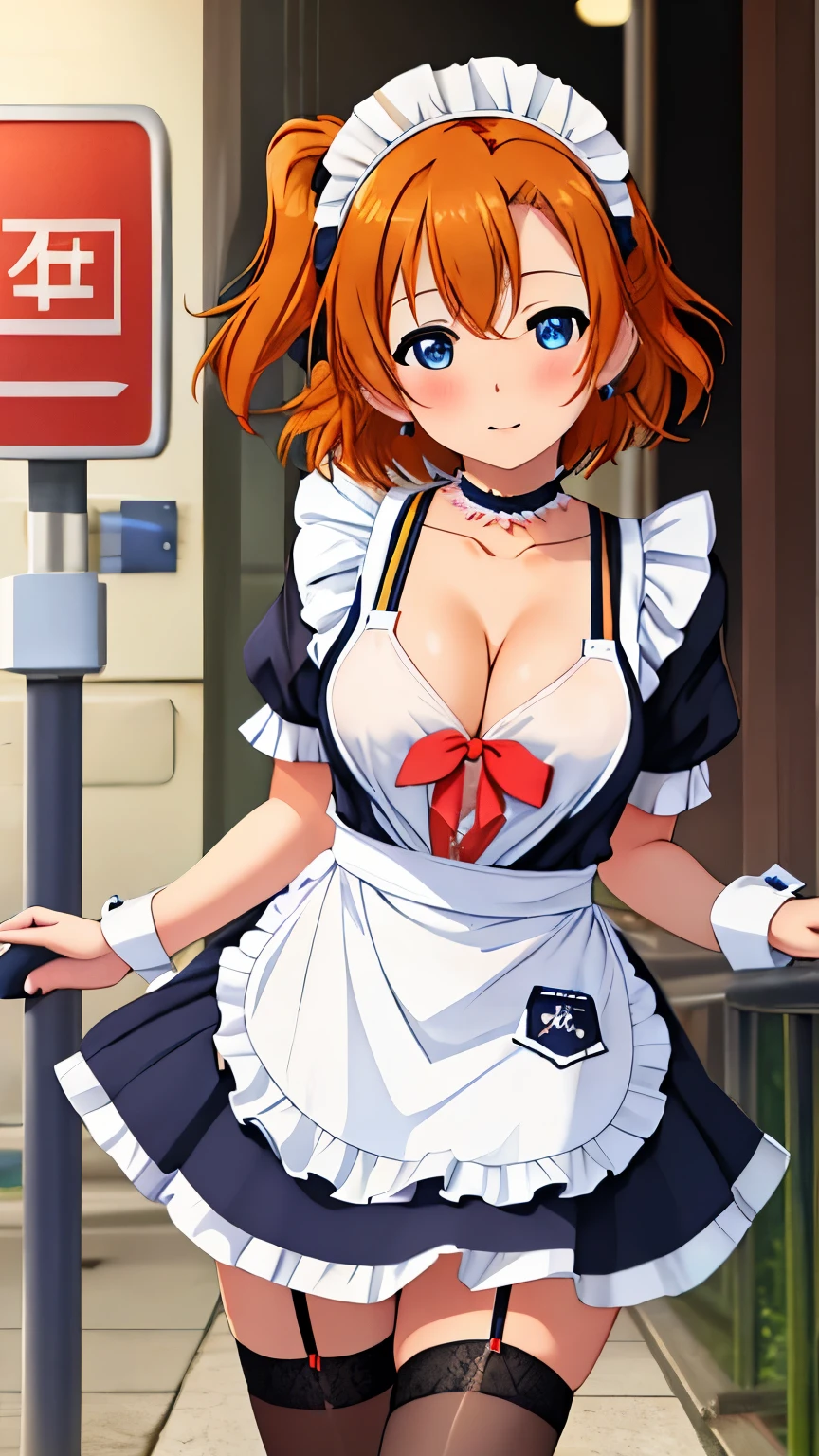 best quality, masterpiece, highres, solo, kousaka_honoka_lovelive, blue_eyes, orange_hair, one_side_up, blush, short_hair, hair_ornament, 1girl, bangs, looking_at_viewer, hair_between_eyes, shiny_hair, (maid), city street, cleavage, collarbone, small maid apron, thigh highs