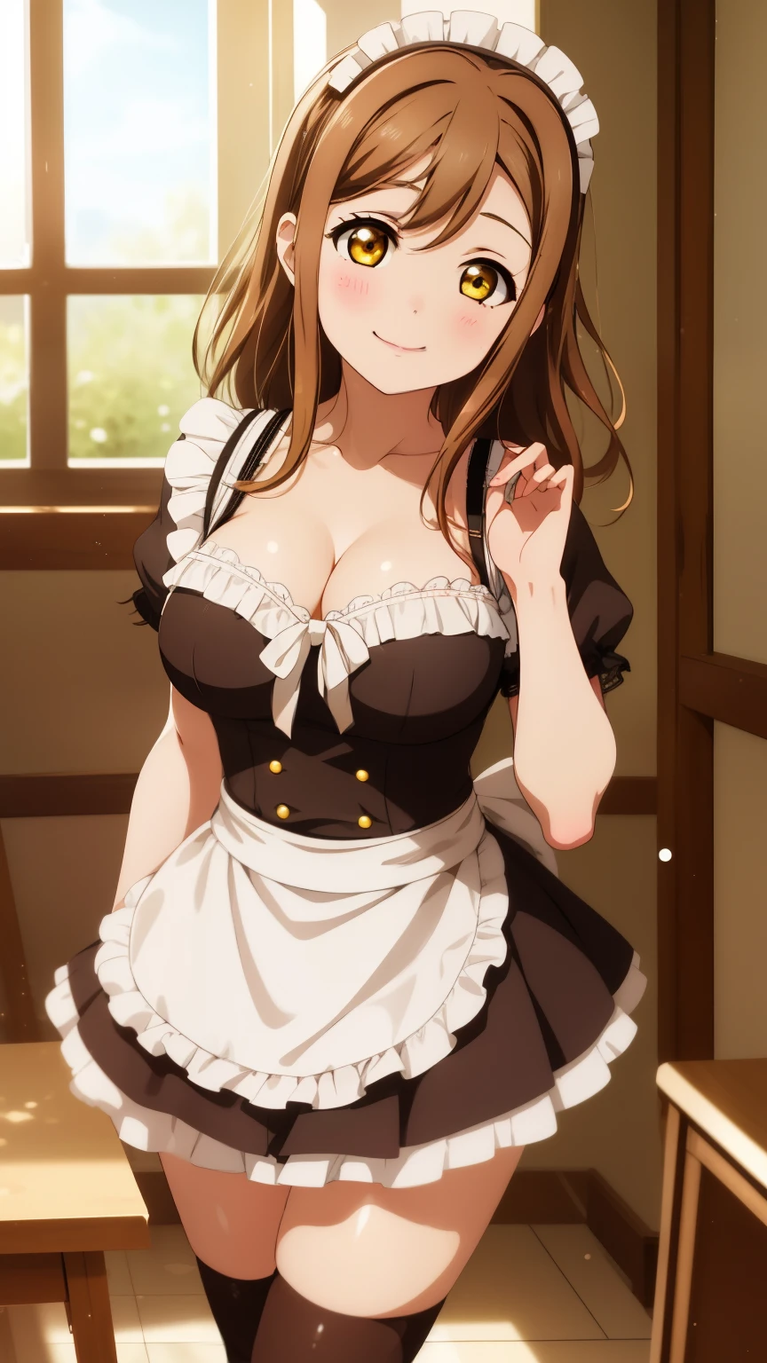 1girl, kunikida hanamaru, brown hair, yellow eyes, blush, messy hair, masterpiece, high quality, detailed body, detailed face, highly detailed, (maid), cleavage, collarbone, thigh highs, city street