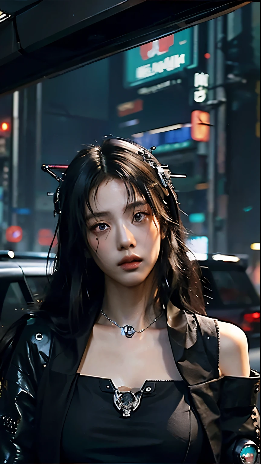 ((Best quality)), ((masterpiece)), (highly detailed:1.3), 3D, beautiful (cyberpunk:1.3) samurai woman with long black hair, sexy black clothes looking at camera, war, dinamic pose, dinamic style