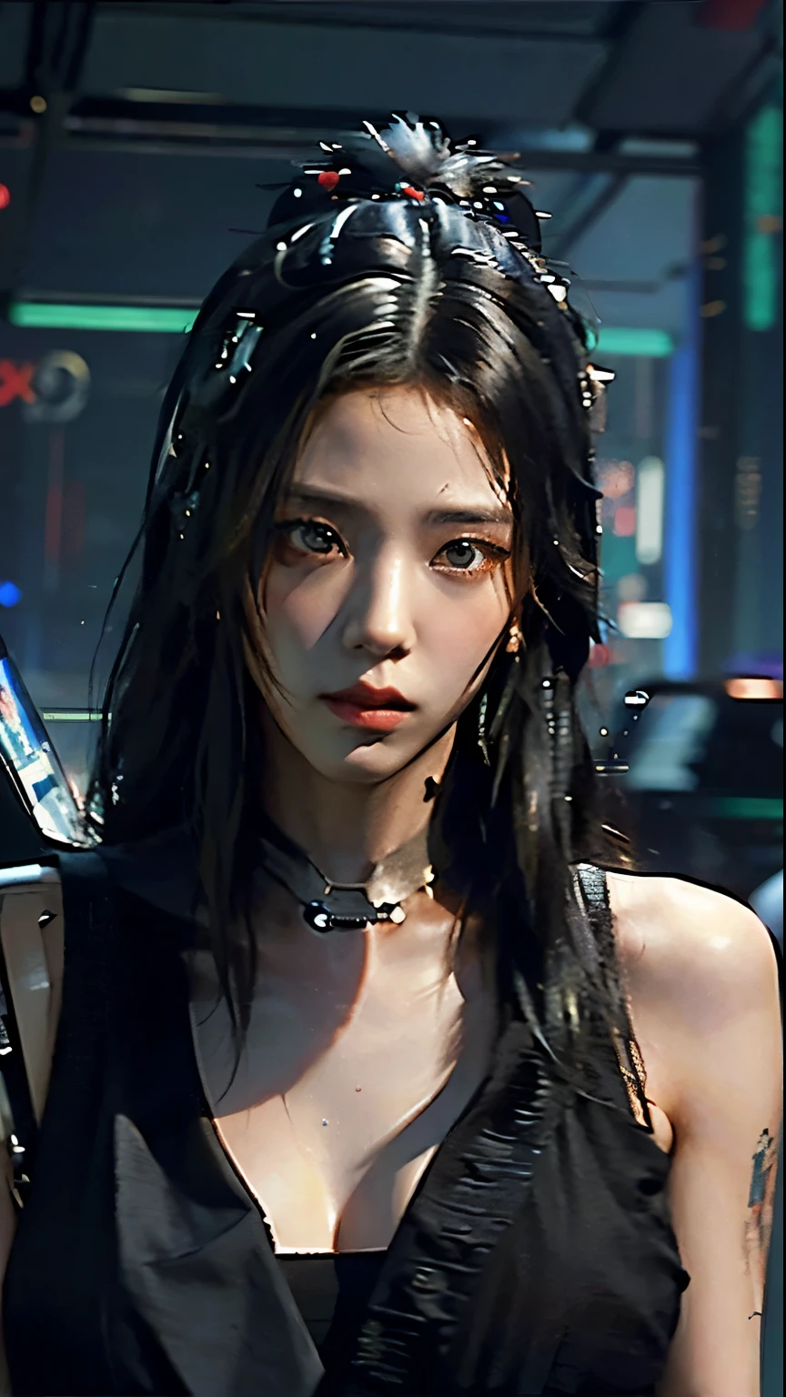 ((Best quality)), ((masterpiece)), (highly detailed:1.3), 3D, beautiful (cyberpunk:1.3) samurai woman with long black hair, sexy black clothes looking at camera, war, dinamic pose, dinamic style