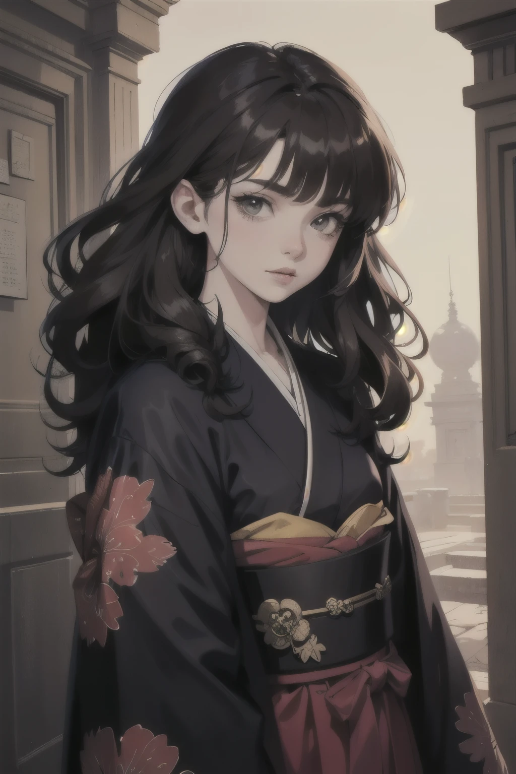 ((best quality)), ((masterpiece)), (detailed), perfect face, anime, female, brunette, by Yang J, detailed key anime art, detailed digital anime art, pale skin, imperial servant, hazel eyes, long hair, curly hair, palace servant, Kimono, black hair, brown hair, detailed painting, ancient servant