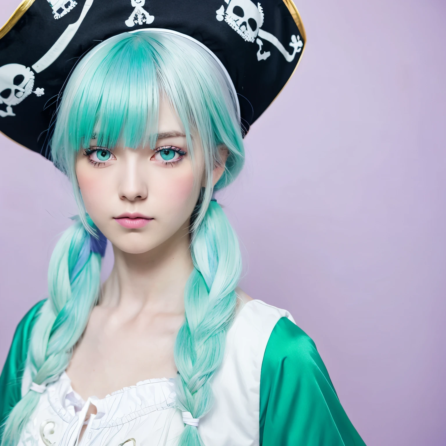 (pastel,lilac eyes), (pastel,green-blue hair with white bangs), (fair,pale) skin, (pirate outfit), (apathetic personality), create the character in an anime style