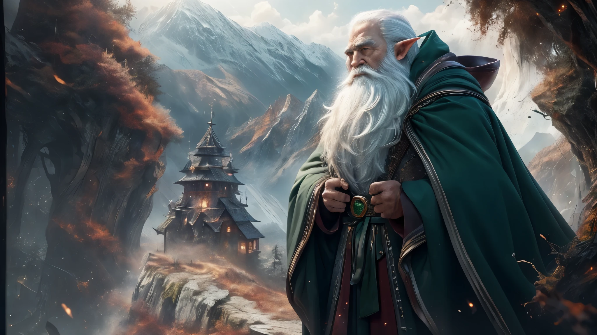 (master piece), 8k, best quality, panoramic view, hooded, Elf, old man, male, wizard, big white beard, pointy ears, blue eyes. Standing 1.60 meters tall, wearing a dark green robe, a leather belt and a magic bag, talking,