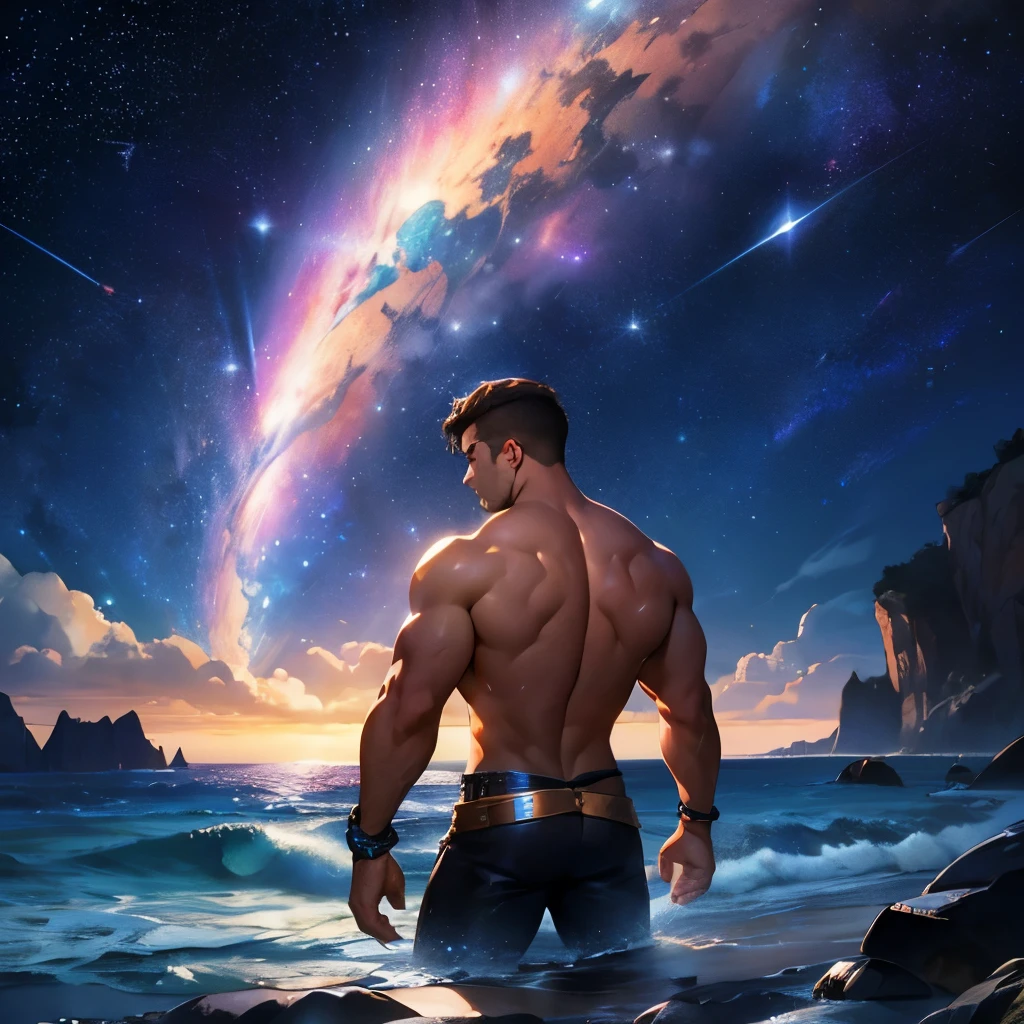 Muscular boy posing in front of a dynamic dark low light starry sky in a lake naked dripping with hot sweat and ass and back, magic particles in air