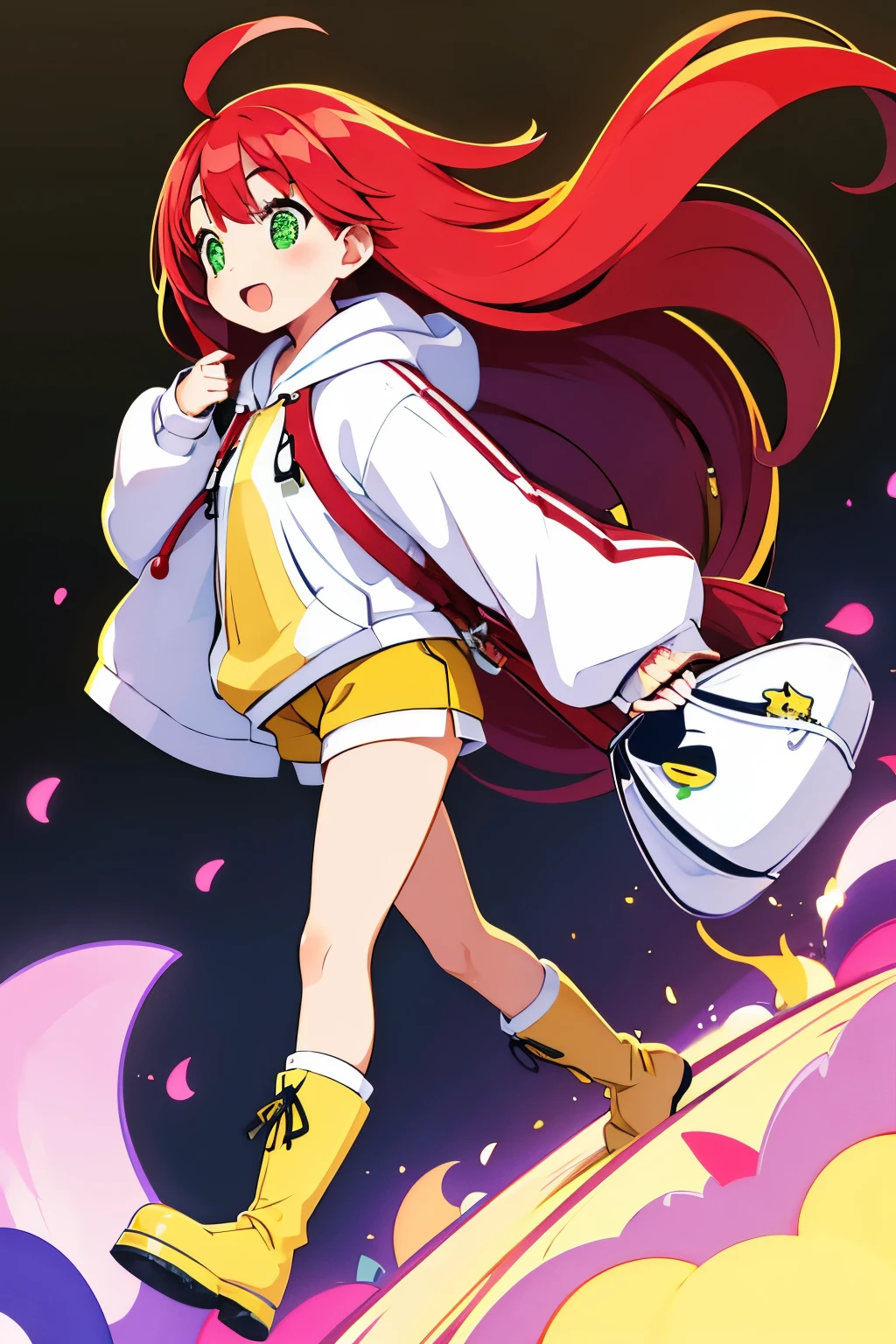  young baby face squishy cheeks smiling slanted eyes slightly open mouth red cheeks flowing bangs long flowing hair straight hair small ahoge long sideburns light red hair yellow-green eyes white pupils slightly white skin baggy hoodie hoodie is yellow green shorts, brown leather boots, navy high socks, and a shoulder bag.