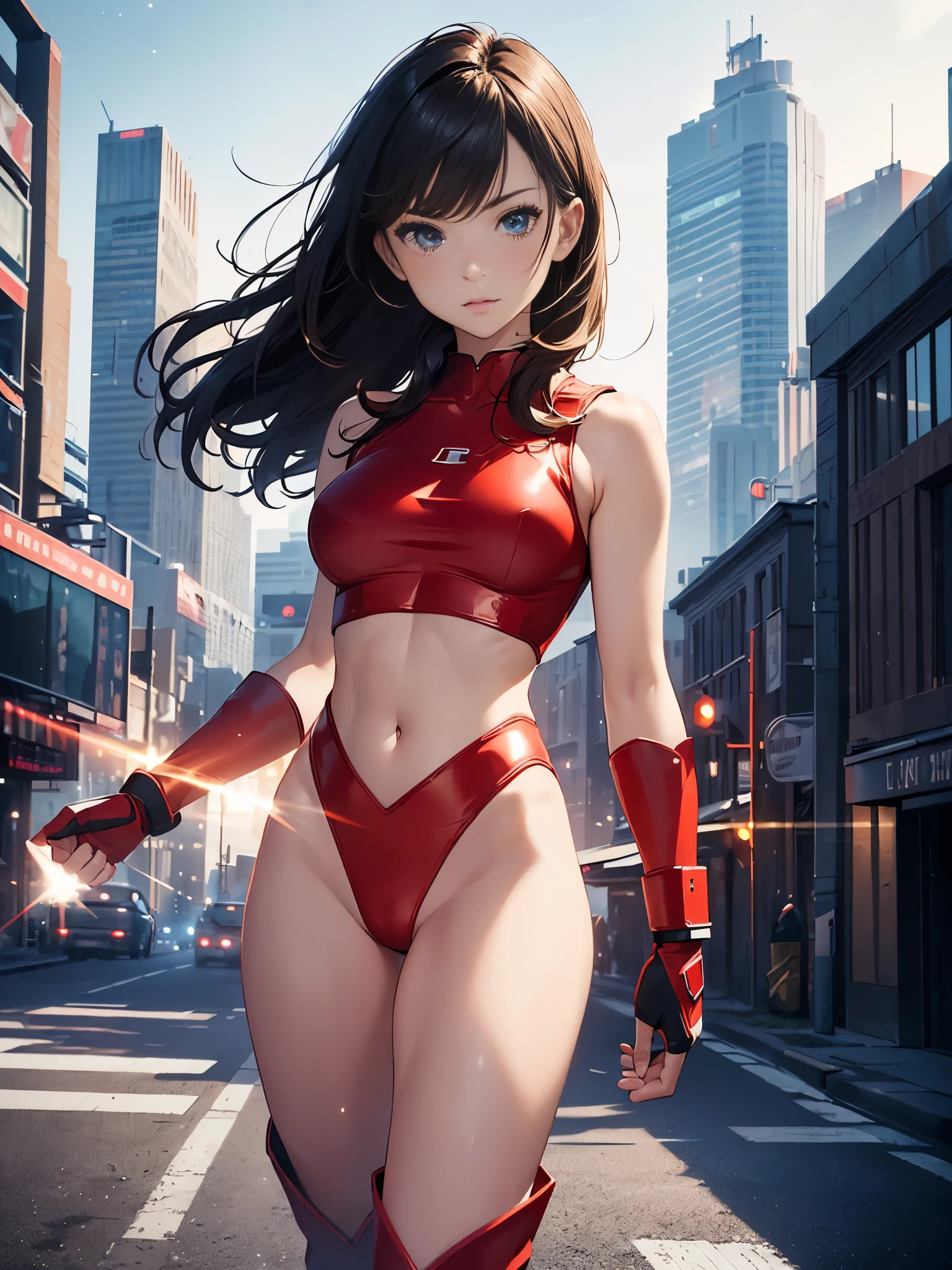 masterpiece, best quality, 1girl, medium breasts, (leotard, red leotard with white accents, sleeveless, midriff), bare legs, boots, matching boots, bracelets, city backdrop, solo, single, standing, heroic, (full body shot, cowboy shot), beautiful detailed eyes, medium hair, superhero, (glow, powering up, light particles)