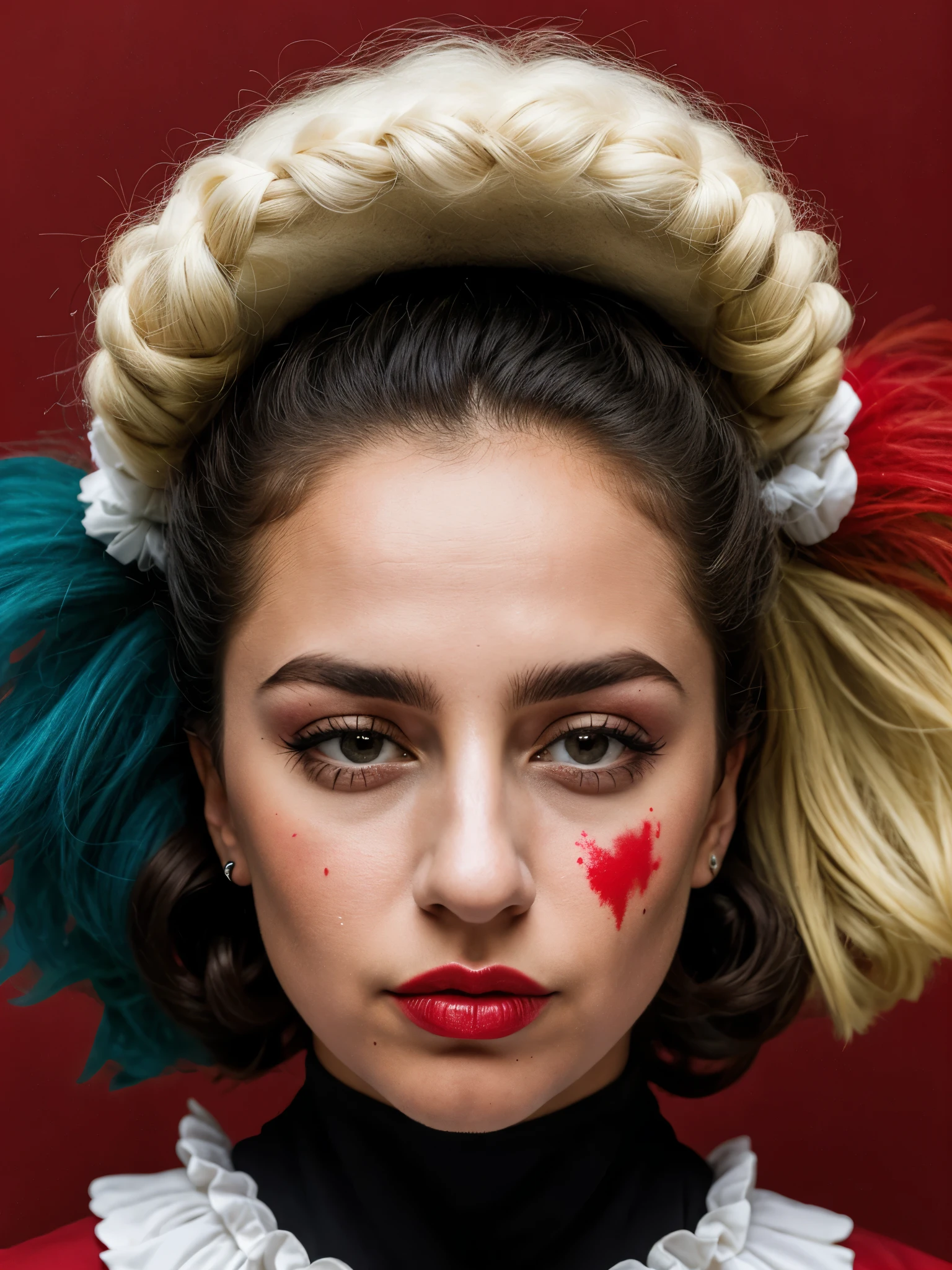 fotografia da Lady Gaga caracterizada como arlequina, (disturbed facial expression, maquiagem borrada, batom vermelho espalhado pelo rosto.), Pele Texturizada, arrepio, cabelo estilo da arlequina, vintage clown outfit in red style, preto e branco, escura e misteriosa, Olhos perfeitos, (police sirens light, claro-escuro), Suporte de 160 cores, filmado em ARRI ALEXA 65, bokeh, sharp focus on the subject, filmado por Don McCullin (filme poster, anos 80)