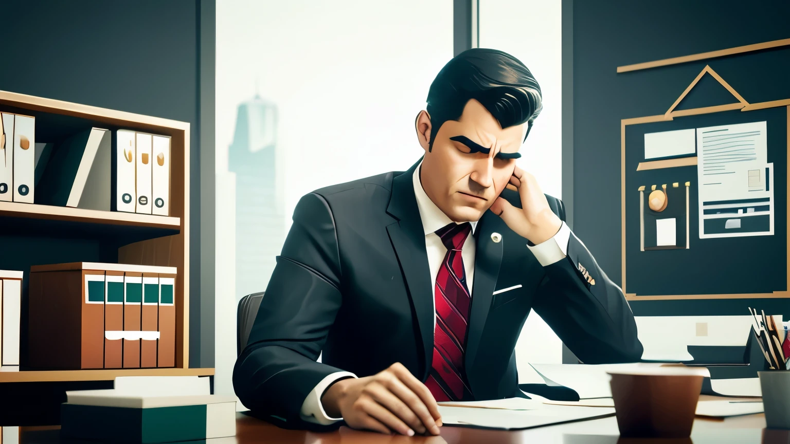 Realistic Illustration in the style of Arcane League of legends, a wide shot of a modern office where a 33yo male office worker wearing a suit and tie and short hair, is suffering heartburn with a face of pain, is talking with his middle aged boss. Art by Christian Linke and Alex Yee. Complex composition. Dynamic poses.