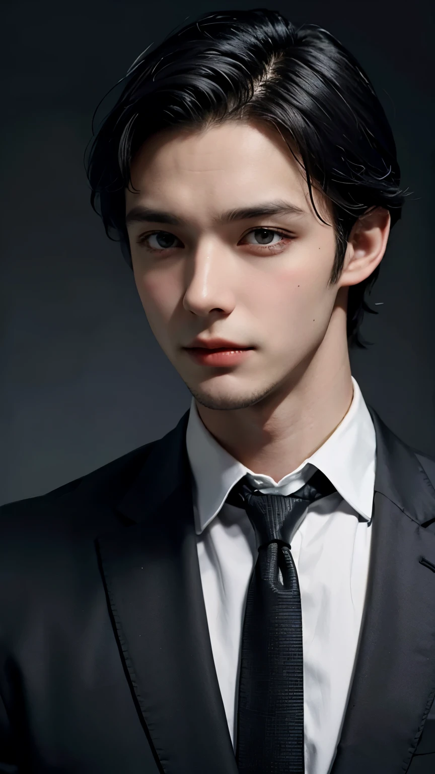 Handsome Jonathan Watson man black hair black suit vampire like appearance