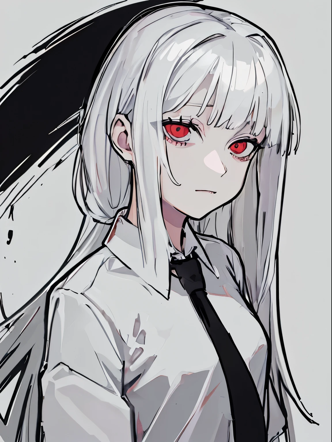 style of painting,(empty background),((Flat chest)),(Front Portrait), (Black and whature Women,((Microthorax)),(High cold),Hey, hey, smile,monochrome, blank stare, dead fish eyes, cool beauty,half lidded eyes, indifferent expression, black and white portrait, bored, impassive, loner,(Alone),Wispy bangs,Textured straight,Above the waist,((White Hair)),(Red Pupil),((White Shirt)),Shirt,Wispy bangs