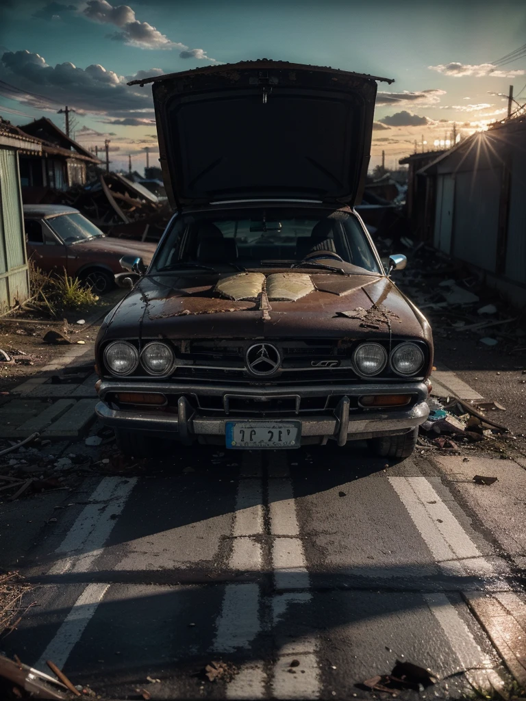 (Mejor calidad, HDR, ultra detallado, hiperrealista:1.37), ((perro rottweiler:1.5 bien detallado y perfecto pose dinamica, is sitting in the abandoned car))., post apocalyptic, ciudad abandonada 3D, edificios destruidos escombros por todos lados, Cementerio de coches , maquinarias, Coches abandonados, vegetation next to buildings, abandoned vehicles scattered and piled up, atardecer ,espectacular puesta de sol. luces y sombras, 32k