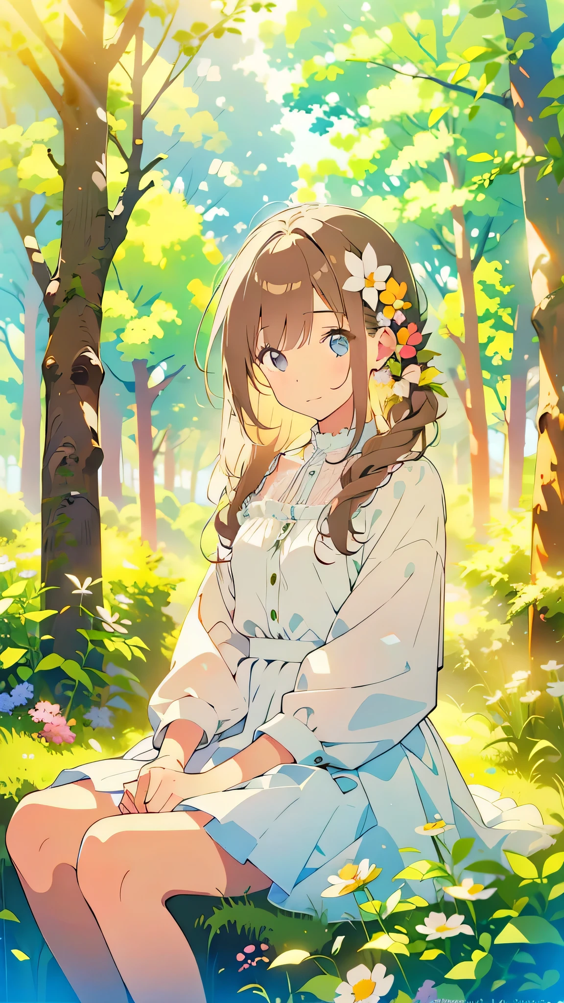 masterpiece,best quality,ï¼
1girl, sitting on grass, flowers, holding flowers, warm lighting, white dress, blurry foreground, (forest:1.5)