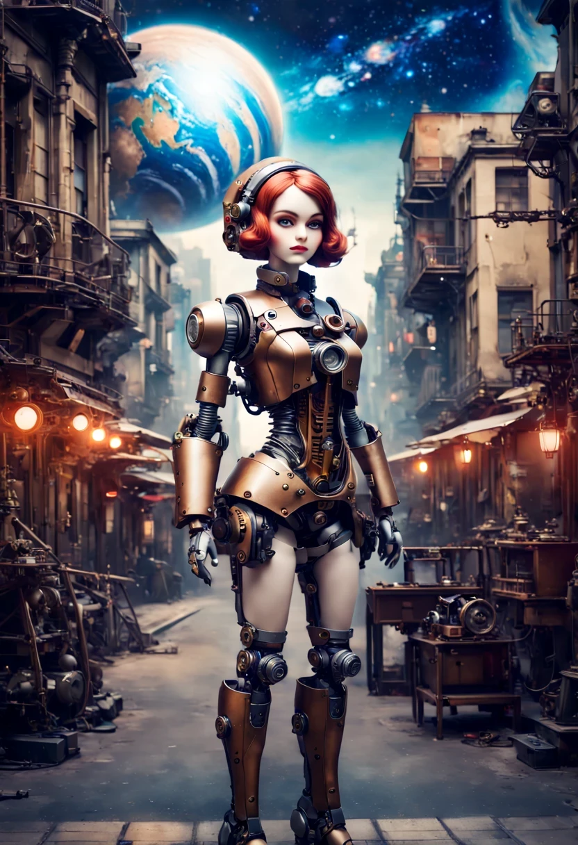 Mecha girl,A mechanical doll stands in front of a planet painting, Retro city background,perfect mechanical body, interconnected human life forms, Panorama of mechanical female doll,Victoria steampunk, endless dreams, stardust, galaxy,