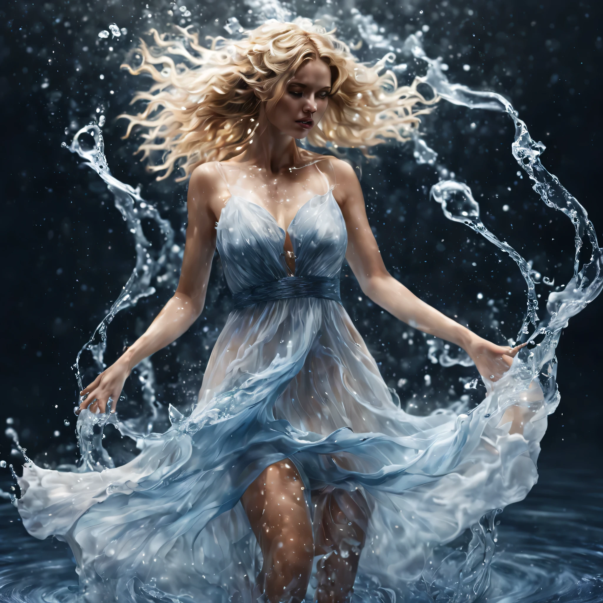 photorealistic,ice and water,water,water ring,full body shot,beautiful woman with wavy blonde hair controlling water with her hands,water swirled around her, magical mystical feeling,wearing a beautiful flowing watery blue white dress