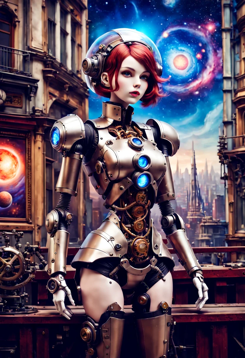 Mecha girl,A mechanical doll stands in front of a planet painting, Retro city background,perfect mechanical body, interconnected human life forms, Panorama of mechanical female doll,Victoria steampunk, endless dreams, stardust, galaxy,