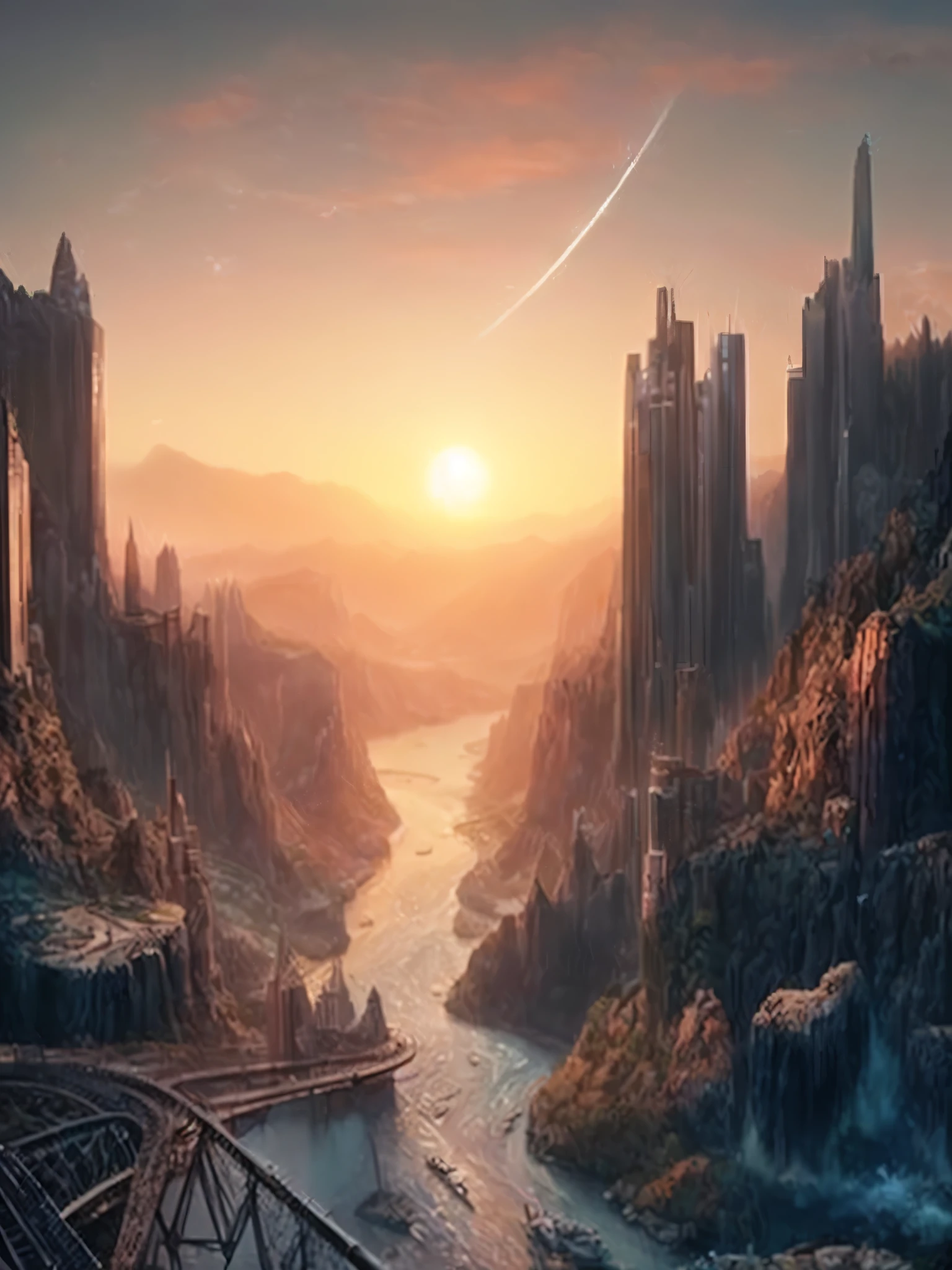 vista arafada de uma cidade com uma ponte sobre um rio, vale futurista, Pintura fosca 8K, Pintura fosca 8k, by bipe, por Mike "bipe" Winkelmann, impressionante paisagem de fantasia, Majestosa pintura fosca, pintura fosca extravagante, paisagem futurista, cinematic beep, epic matte painting, epic cinematic matte painting
